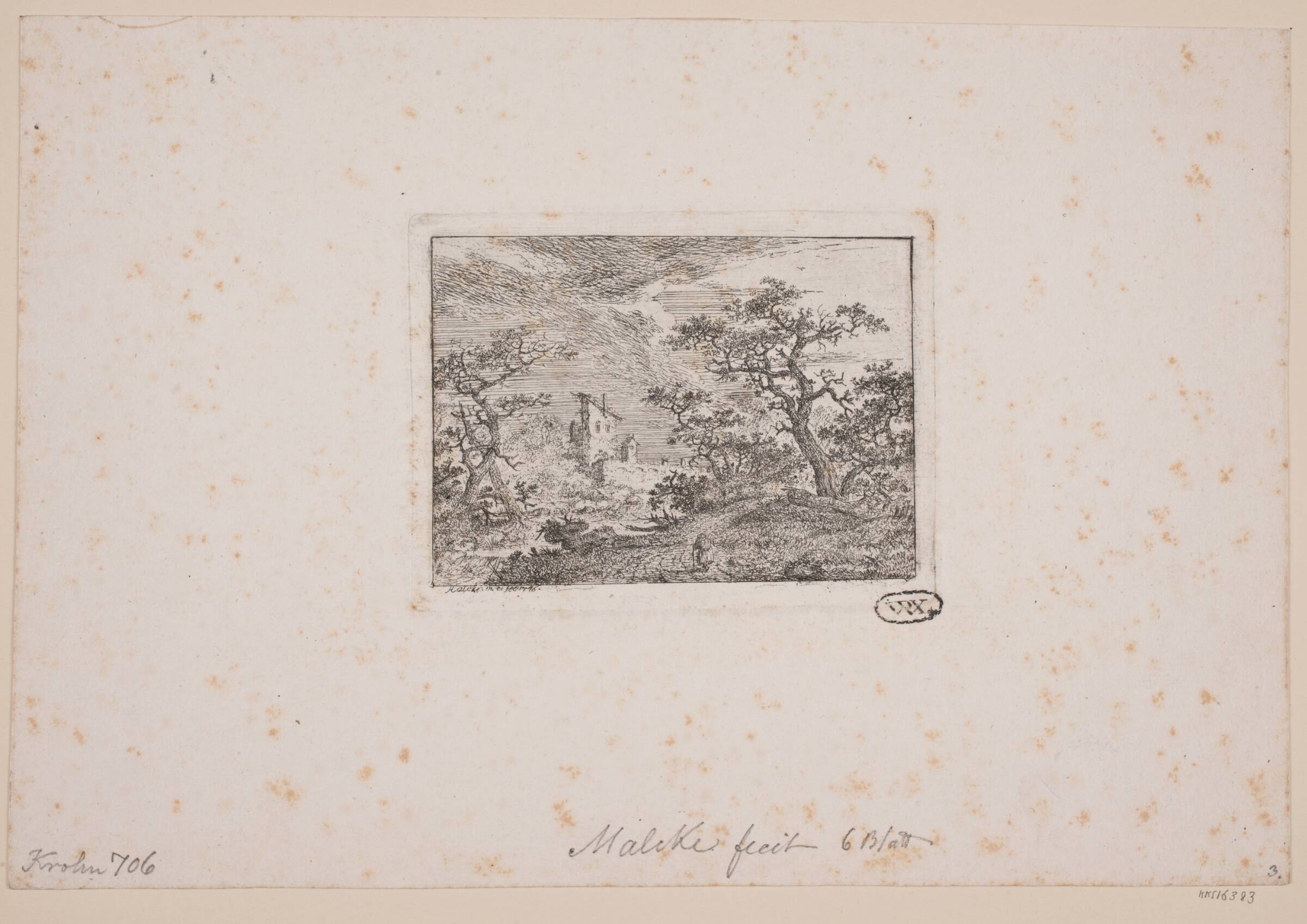 Landskab med store træer foran en landsby, Simon Malgoc, 1776
