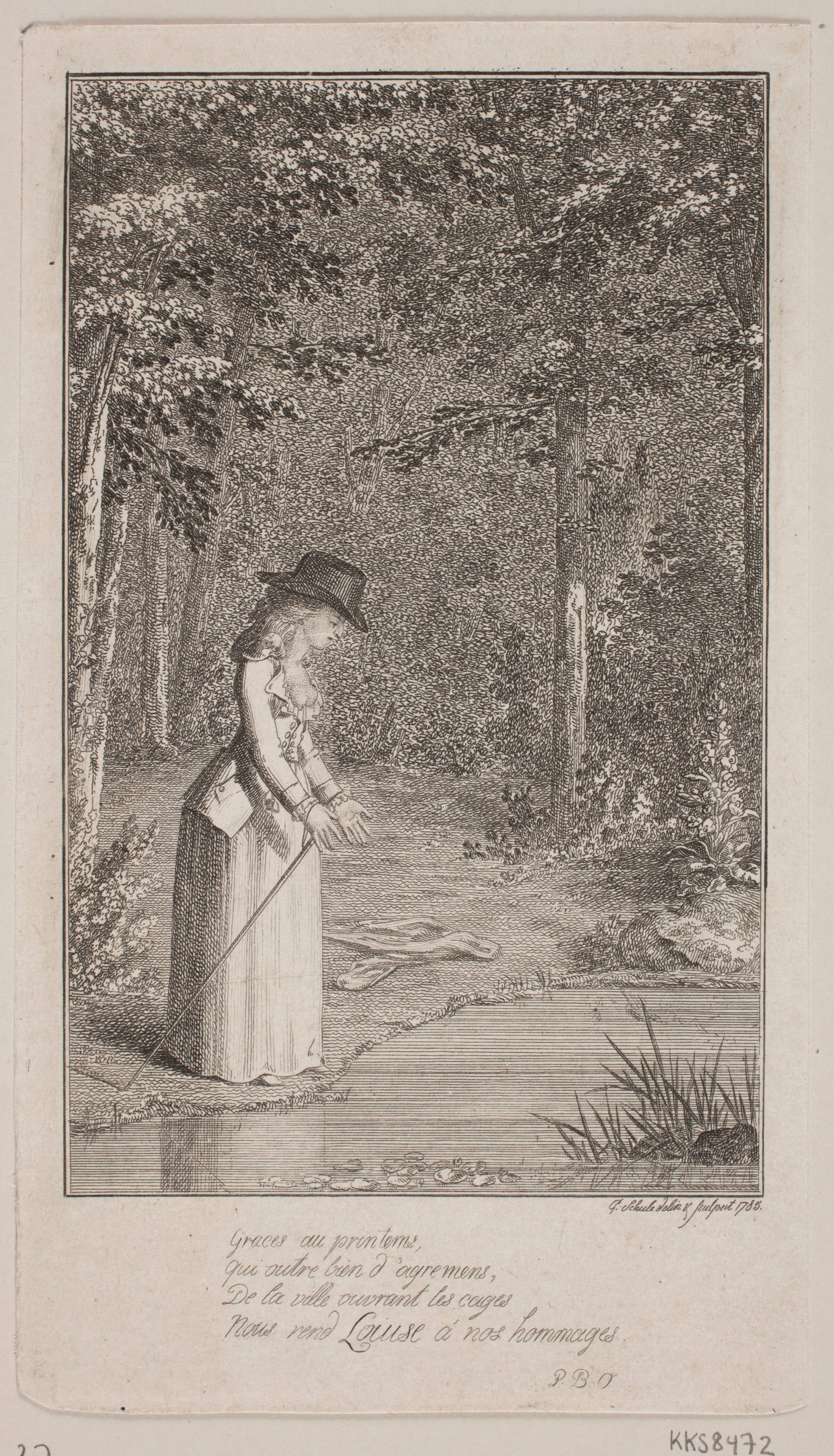 En ung dame står i en skov ved vandbred, Georg Christian Schule, 1785