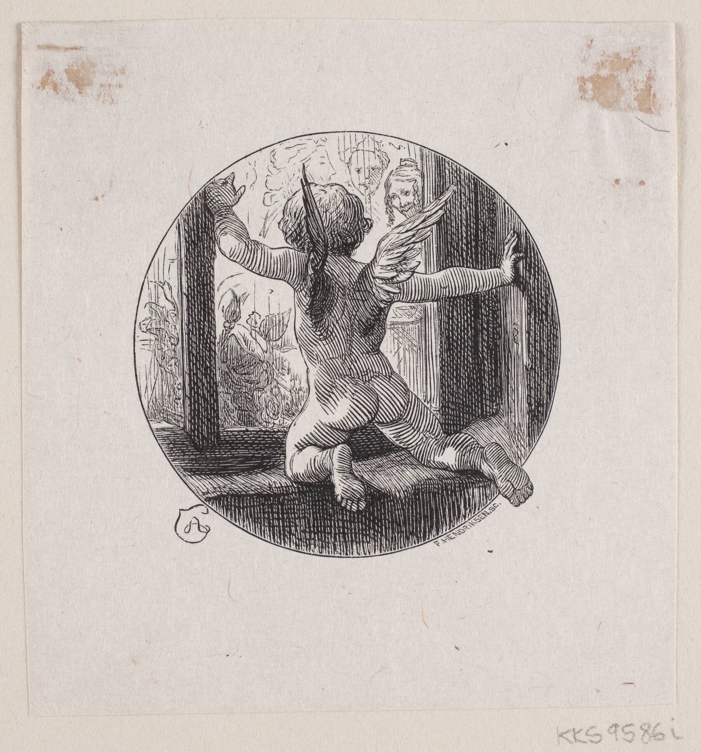 Cirkelrund Vignet med flyvende Engel, F. Hendriksen, 1847-1877