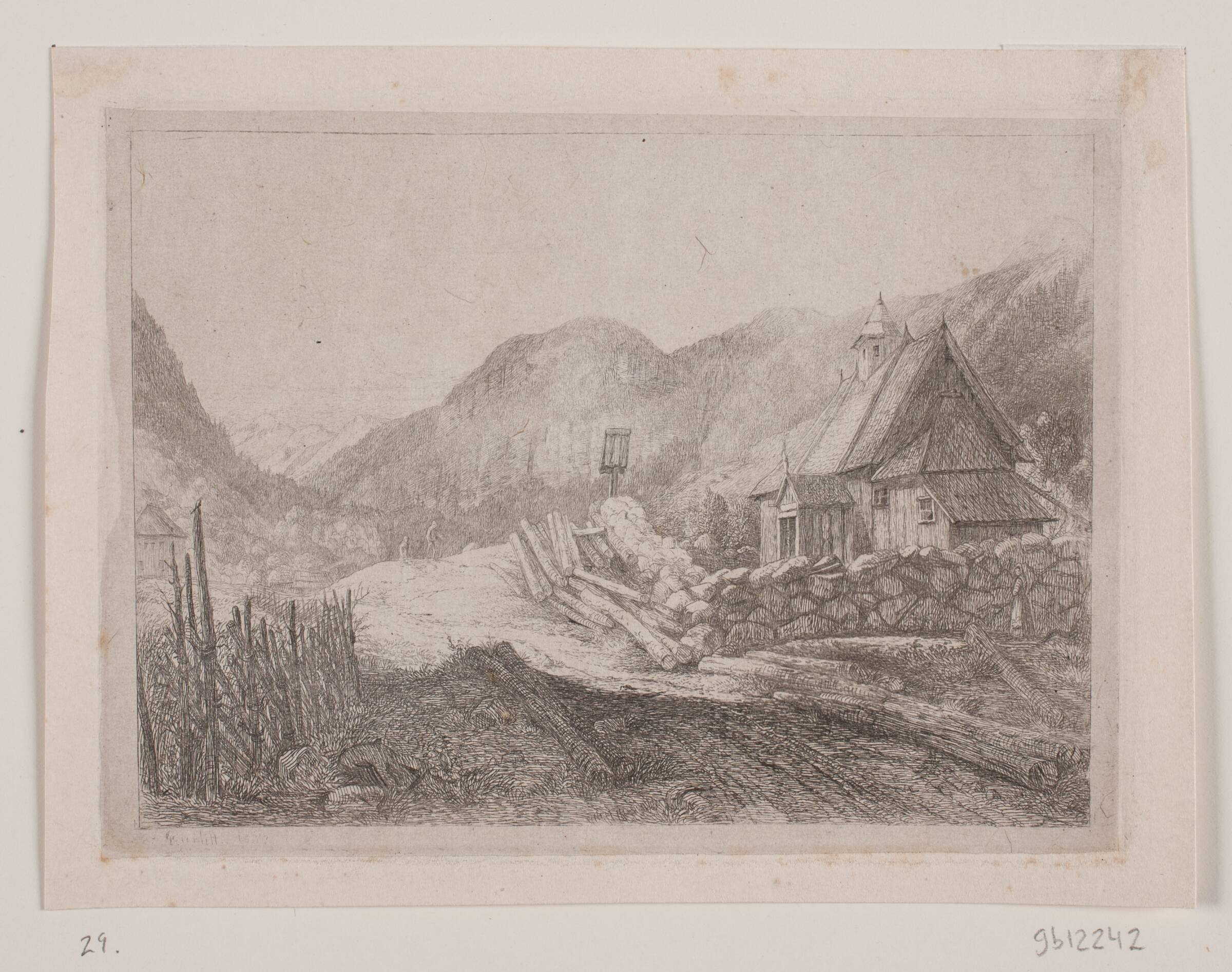 Landskab med en trækirke, Louis Gurlitt, 1834