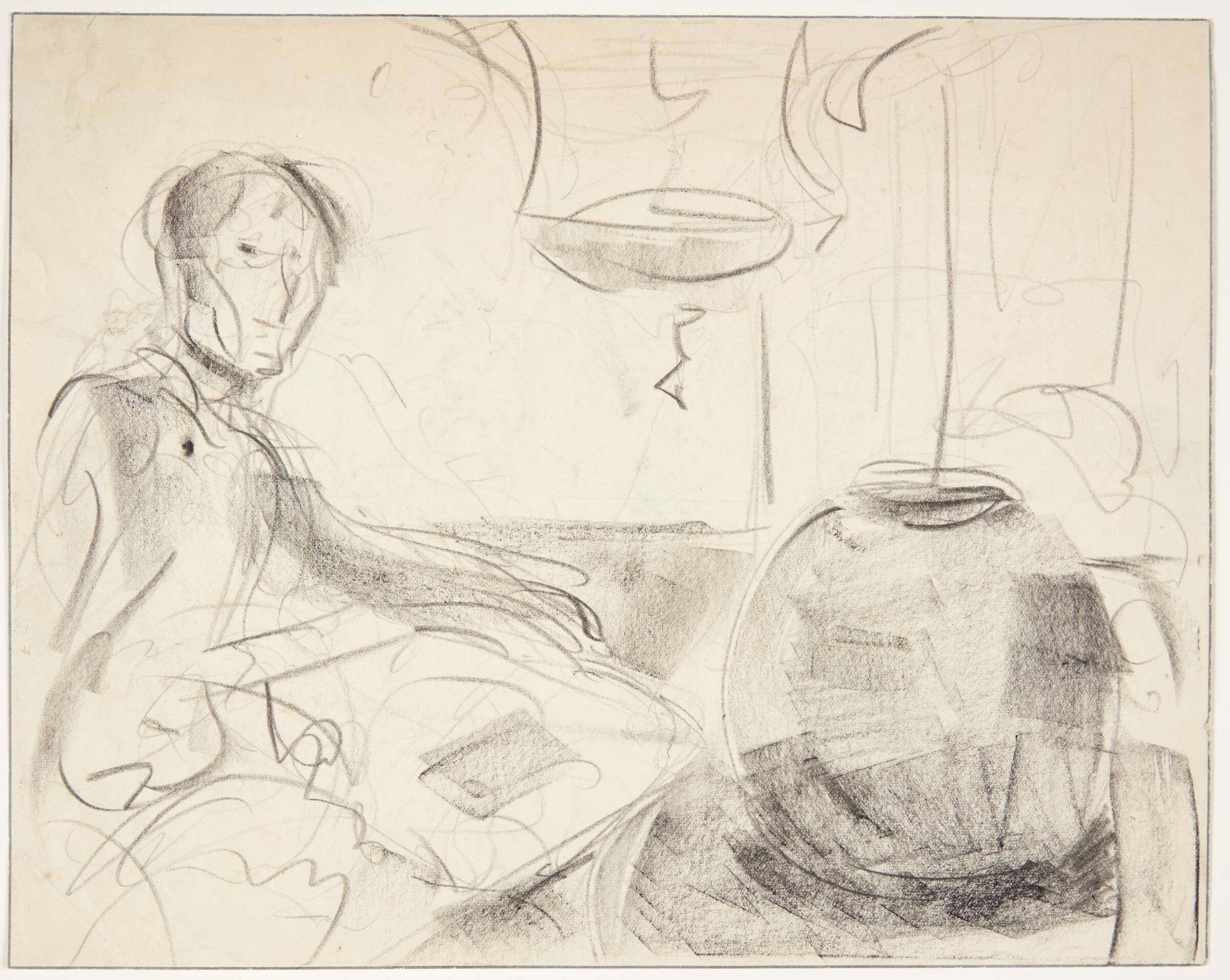 Interiør med siddende figur og kugleformet vase, Aksel Jørgensen, 1912-1916