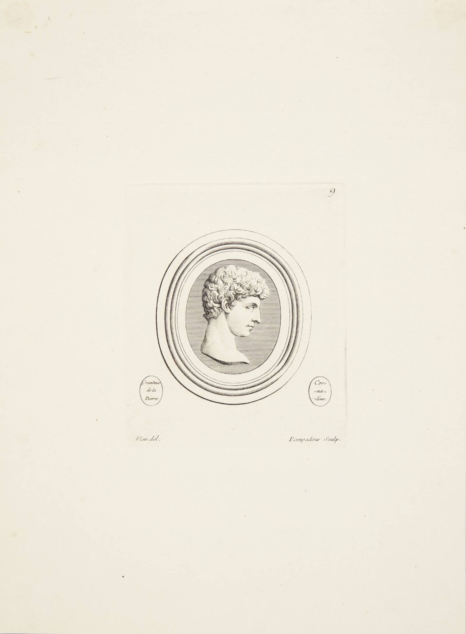 Mandshoved (Antinous) i profil mod højre, Madame de Pompadour, 1753-1757