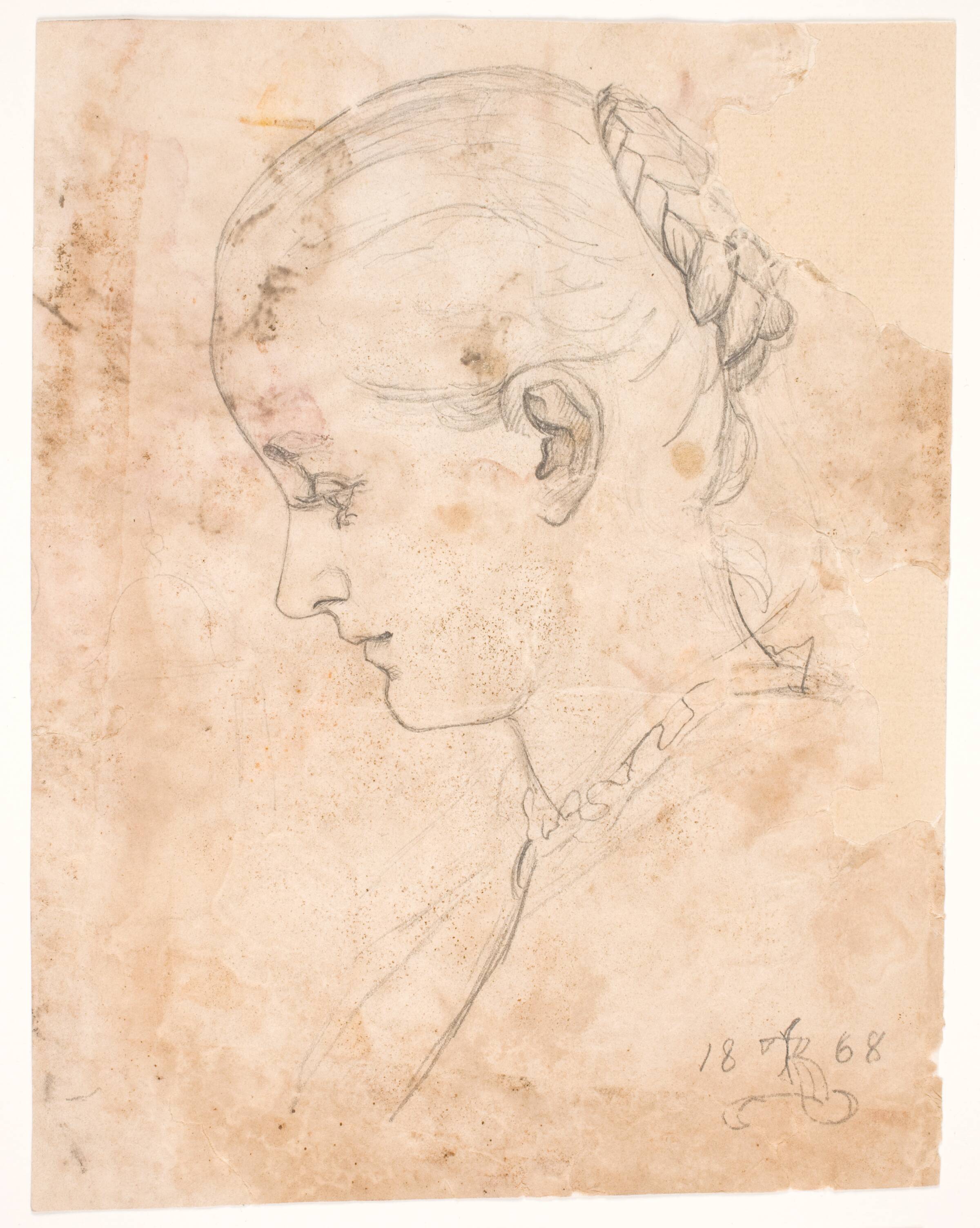 Kunstnerens søster Elizabeth. Profil t.v. Fletningefrisure, Kristian Zahrtmann, 1868