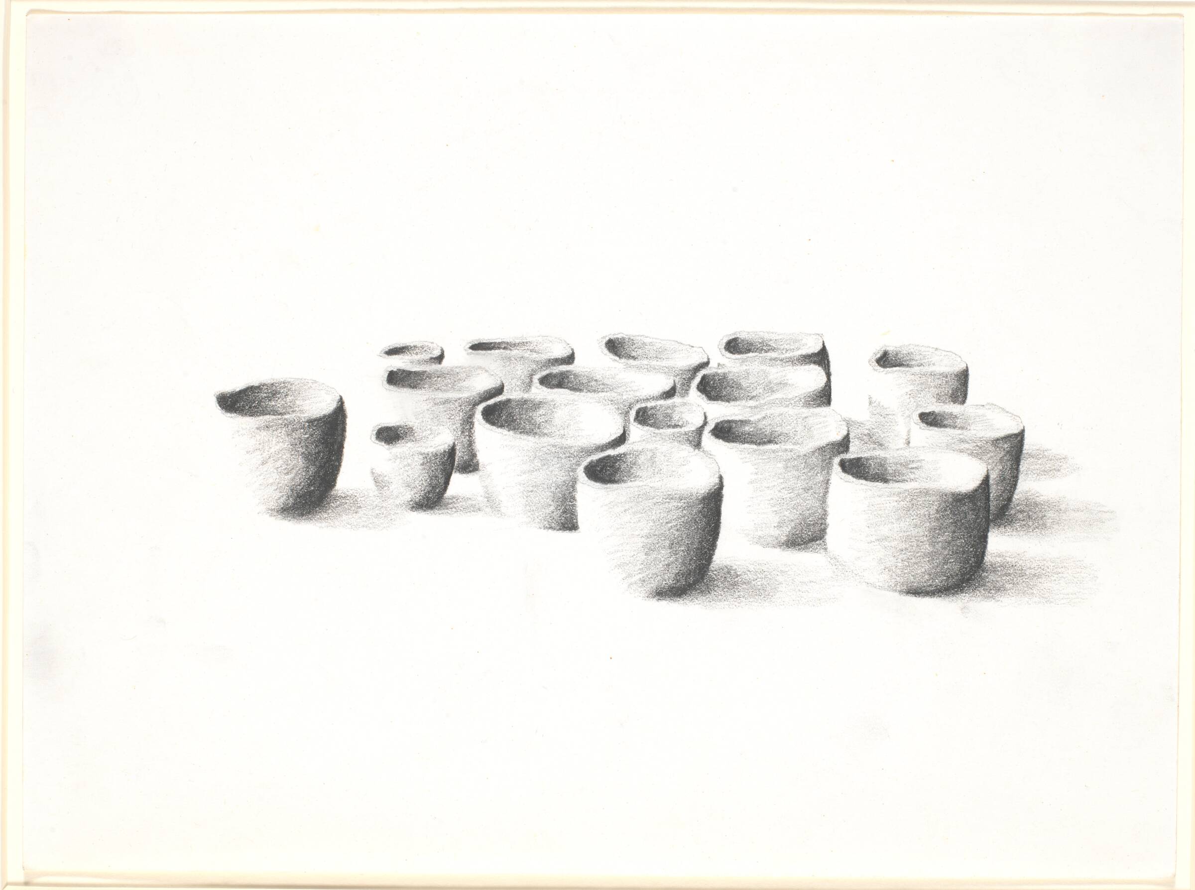 Tegning. Krukker. Tegning omkring kunstnerens installationer af redskaber, Nina Sten-Knudsen, 1980