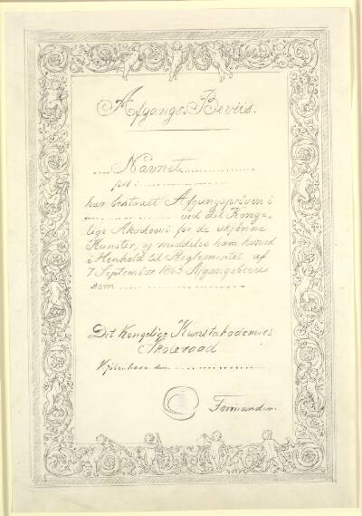 Udkast til Afgangsbevis fra Kunstakademiet 1865
