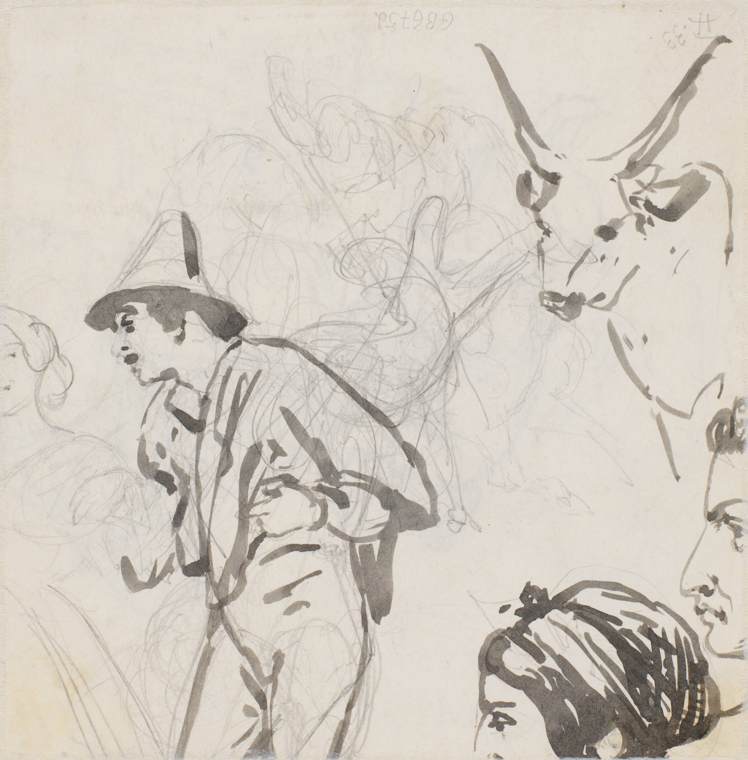 Penselstudier af okse, hyrde, hoveder samt blyantskrads, Wilhelm Marstrand, 1810-1873