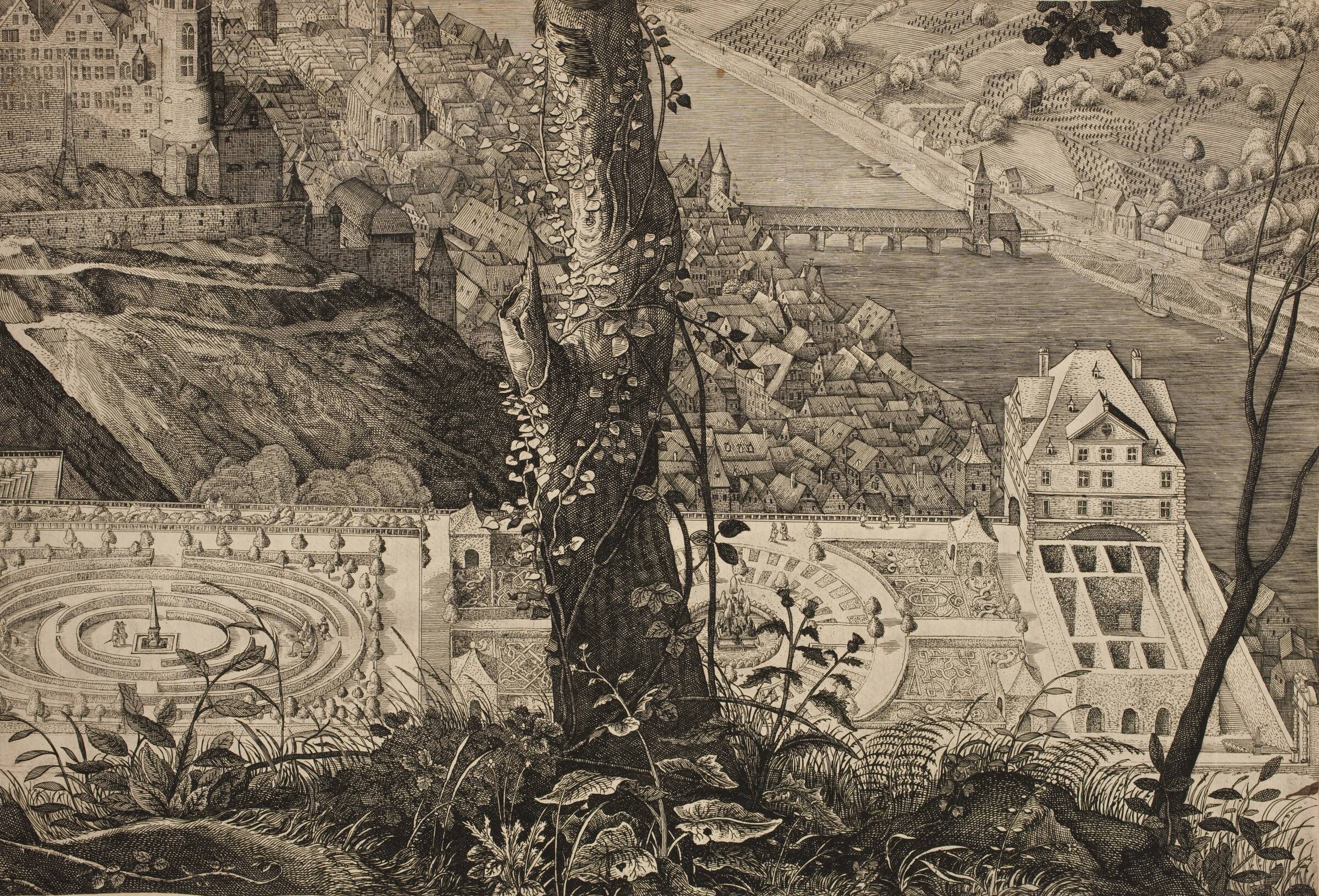 Prospekt fra Heidelbergs slotshave "Hortus Palatinus" (Scenographia Hortvs Palatinvs A Friderico Rege Boemiae Electore Palatino Heidelbergae Exstrvctvs) (nedre højre del), Cornelis Danckerts I, 1633