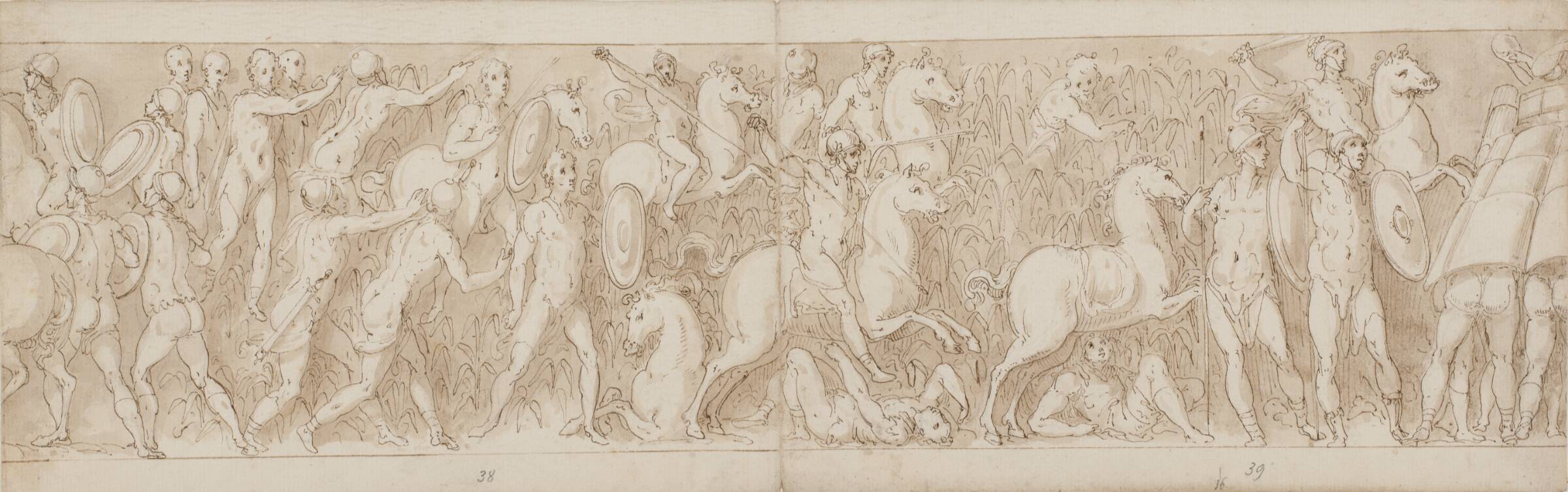 Sarmaterne jages ud i sumpen; romerne angriber en germansk(?) fæstning, Джованни Гуэрра, 1544-1618