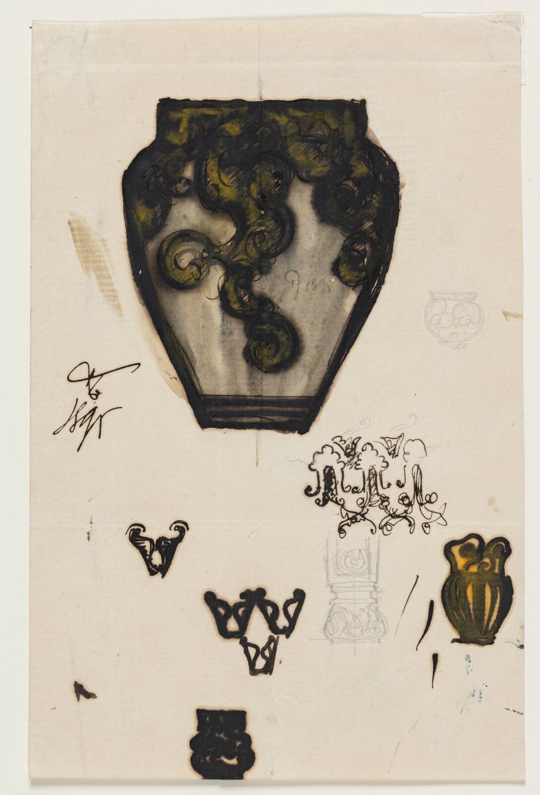 Blad med fire studier til vaser og fire ornamentudkast, by Thorvald Bindesbøll, 1895