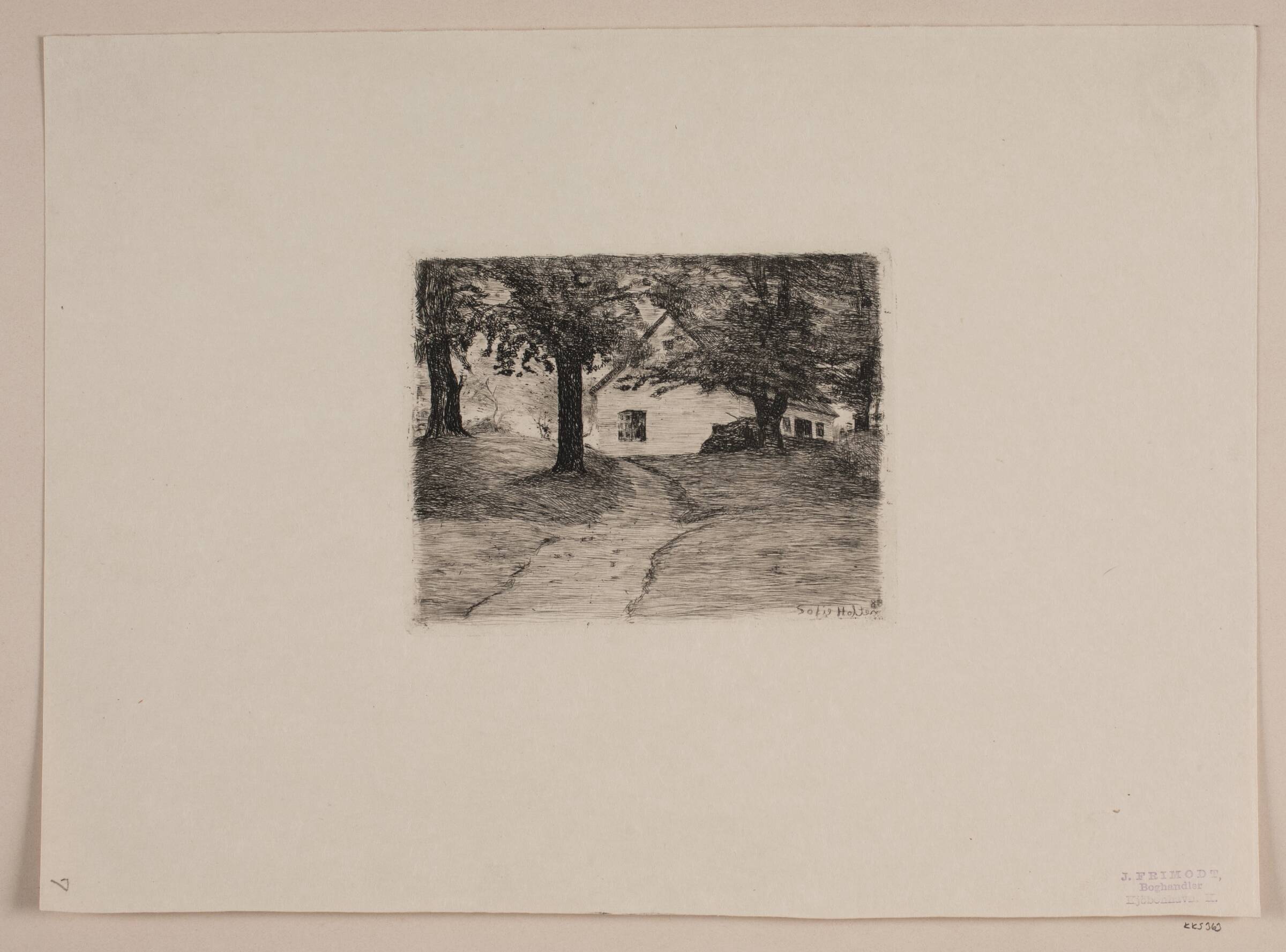 Landskab med hus bag store træer, Sophie Holten, 1888