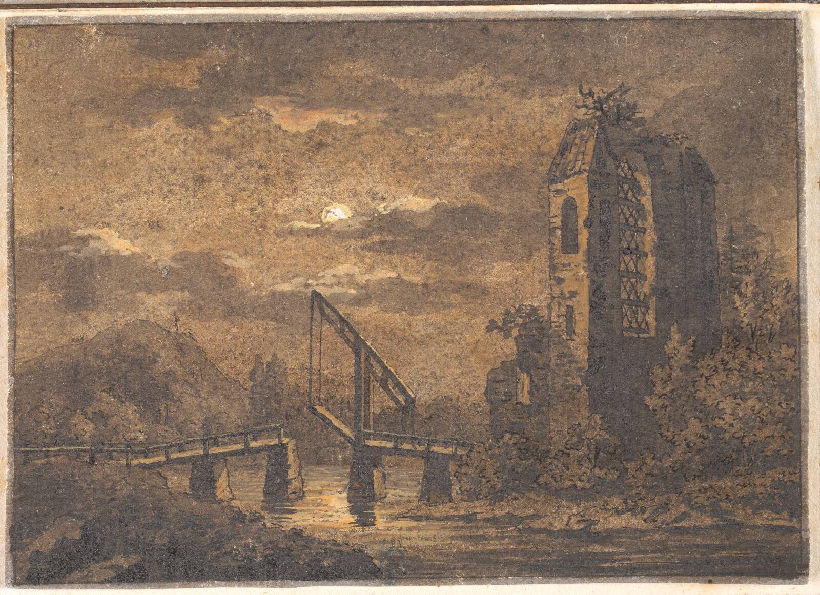 Landskab med vippebro og ruin i måneskin, by Caspar David Friedrich, 1795-1798