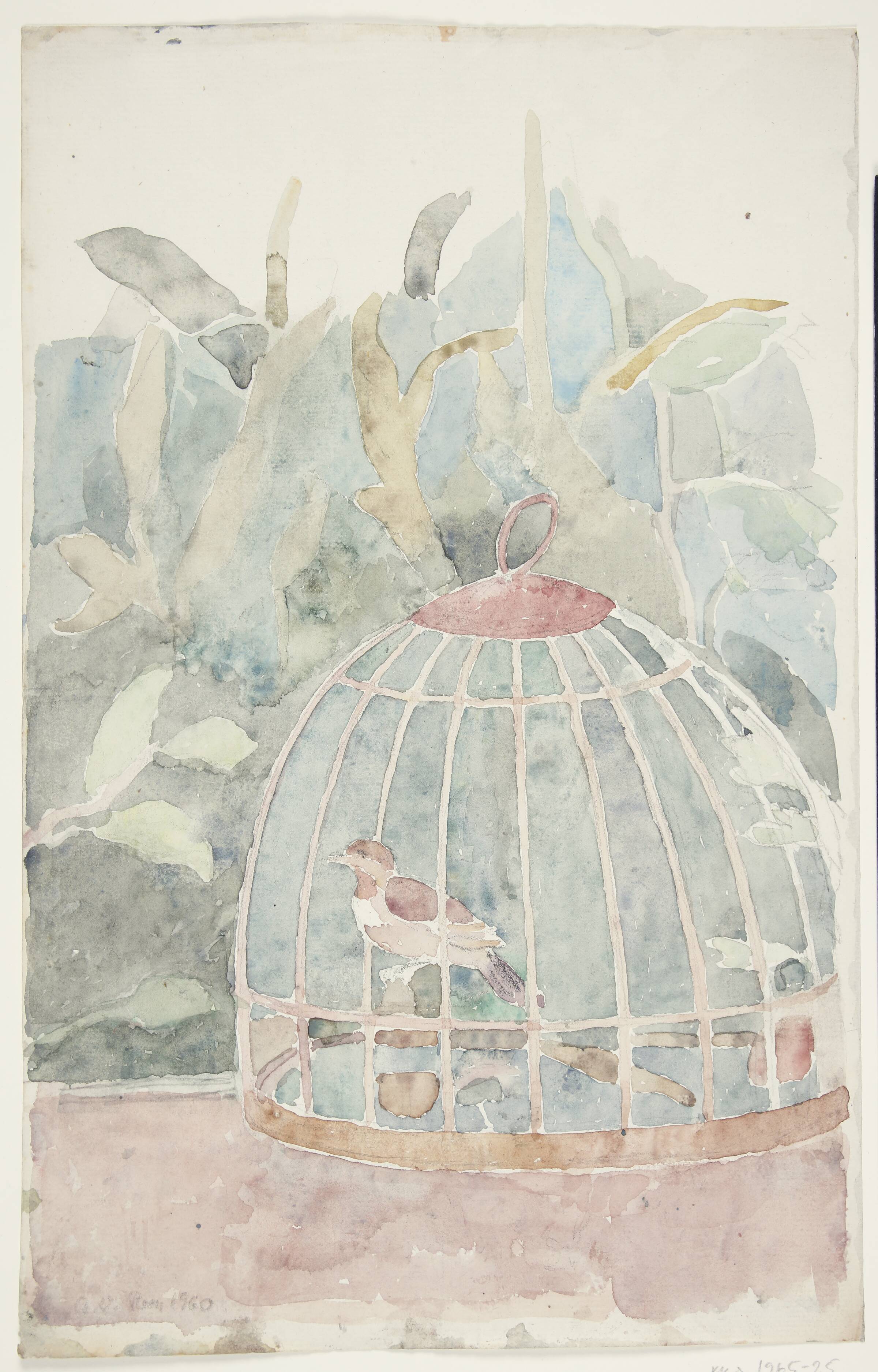 Fugl i bur. Kopi af vægmaleri i "Livets villa", nu i Termemuseet, Rom, Agnete Varming, 1960