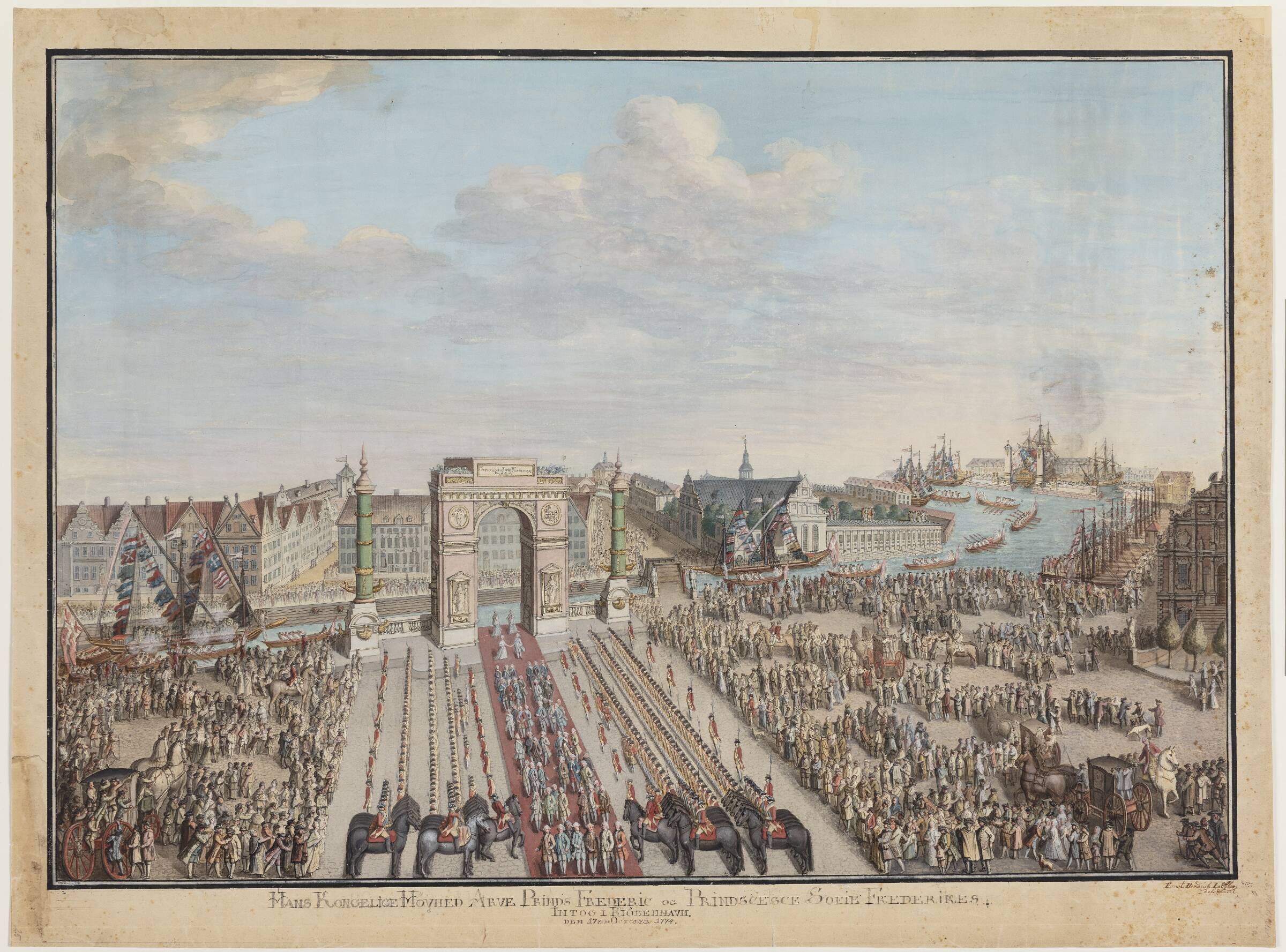 Hans Kongelige Hoyhed Arveprinds Frederic og Prindscesce Sofie Frederikes Intog i Kiöbenhavn. Den 17iede October 1774., E.H. Løffler, 1774