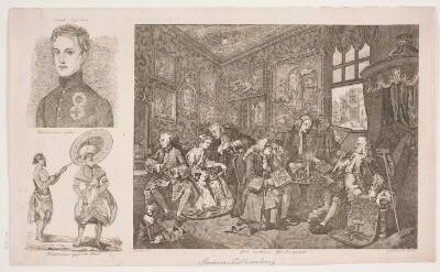 Blad med tre fremstillinger: "Det moderne Givtermaal" efter Hogarth, Portræt af Frants Napoleon og "Hinduernes ypperste præst"