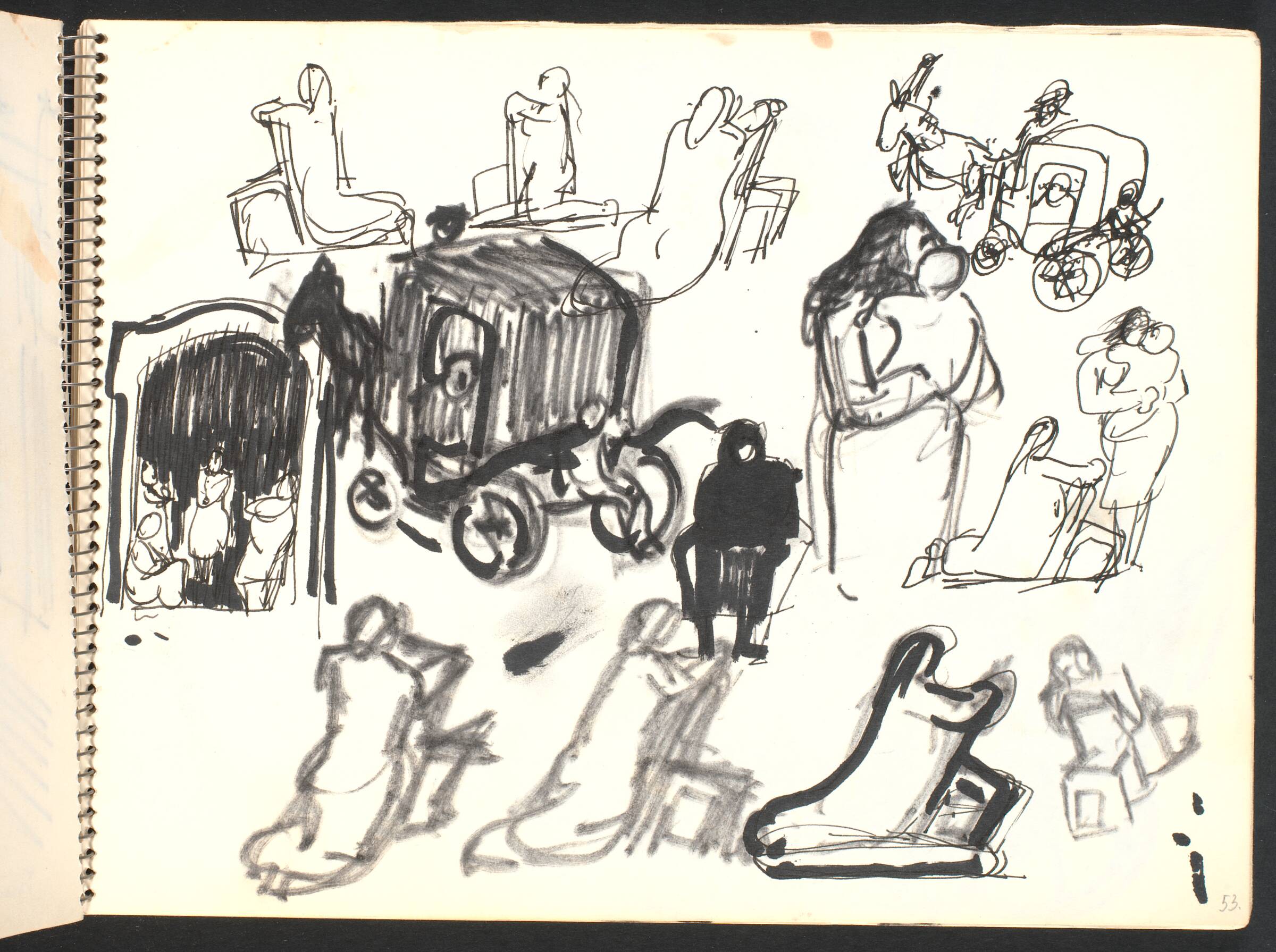 Skitser, karet, bedende kone, kvinde med barn, portmotiv, Gottfred Eickhoff, 1952