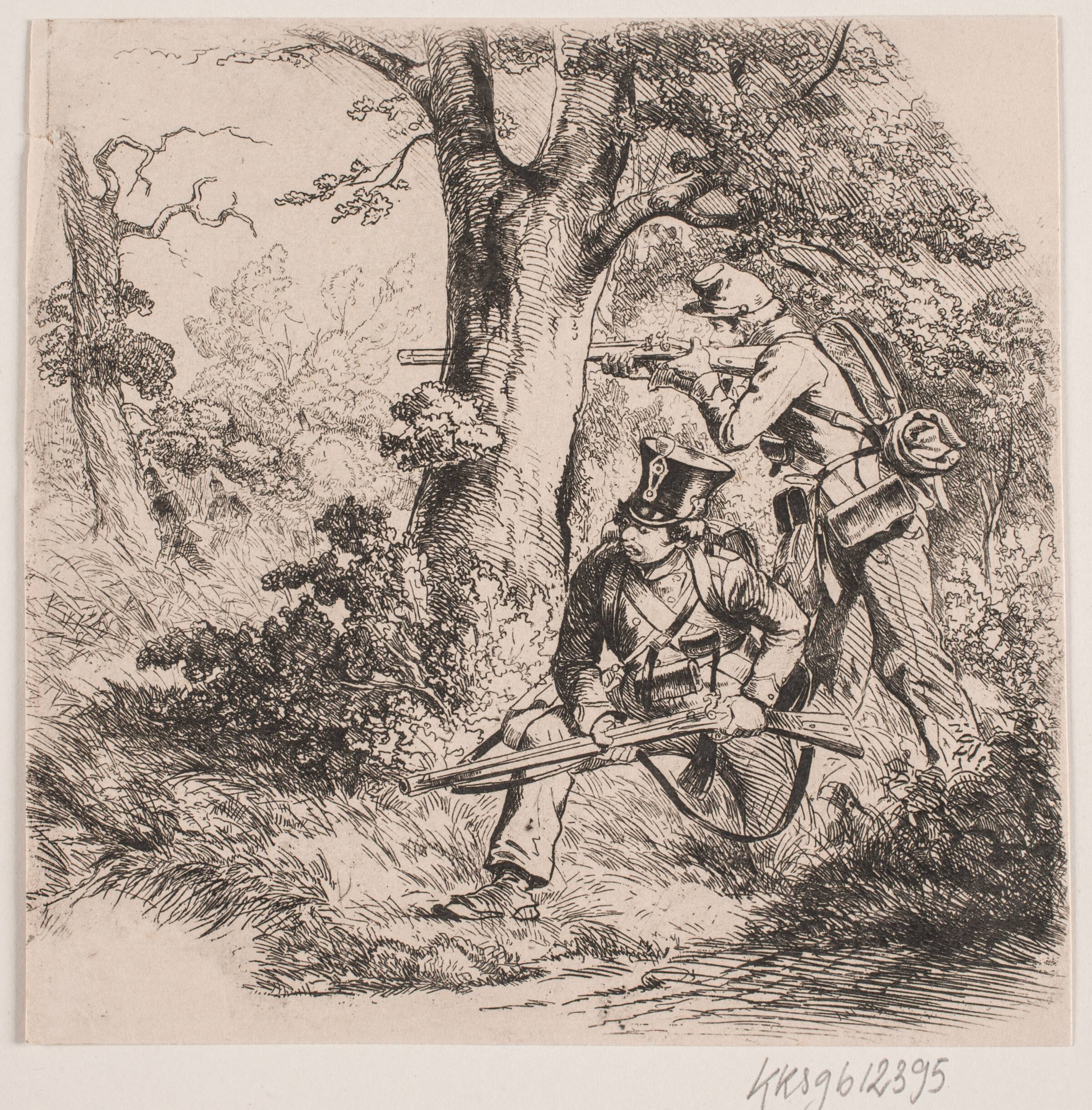 Soldater i en skov. Forpostfægtning ved Vejle, Niels Simonsen, 1849