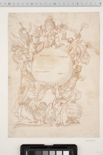 Diverse figurer, heriblandt Markusløven, en doge og en kvinde, ved hvis side man ser en globus, der er inddelt i fire felter med indskrifter som "America Sett.", "America meridionale", "Asiaeropa" og "Africa". Over globen leger putti og en ørn med den pavelige tiara, nøglerne og pallium, samt med bispe- og korsstaven