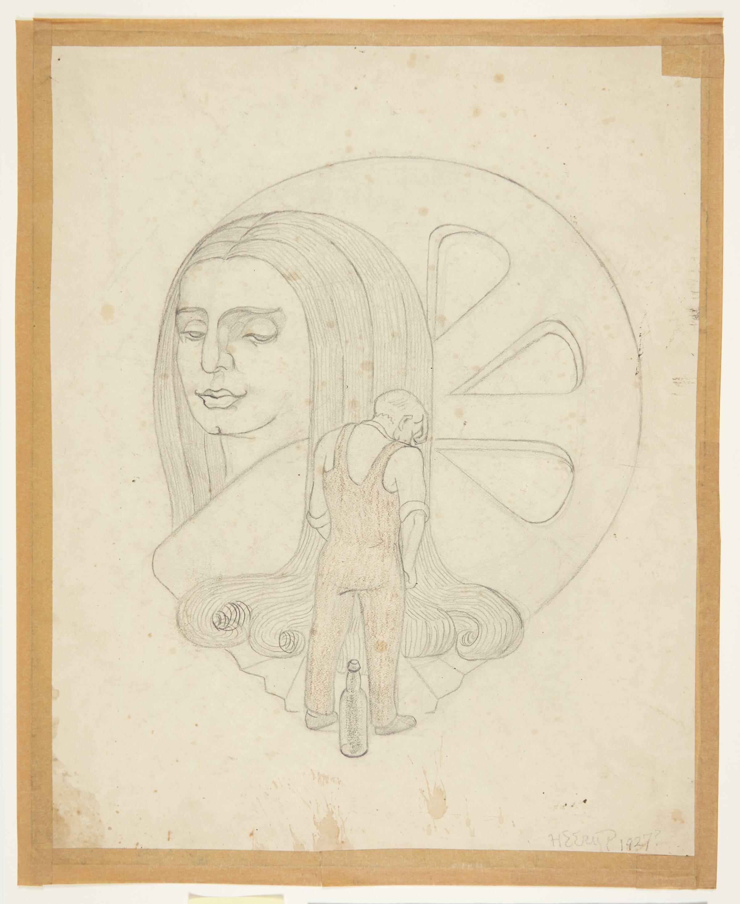 Stående mand ved en flaske foran Kvinde-og-hjul symbol, Henry Heerup, 1925-1929