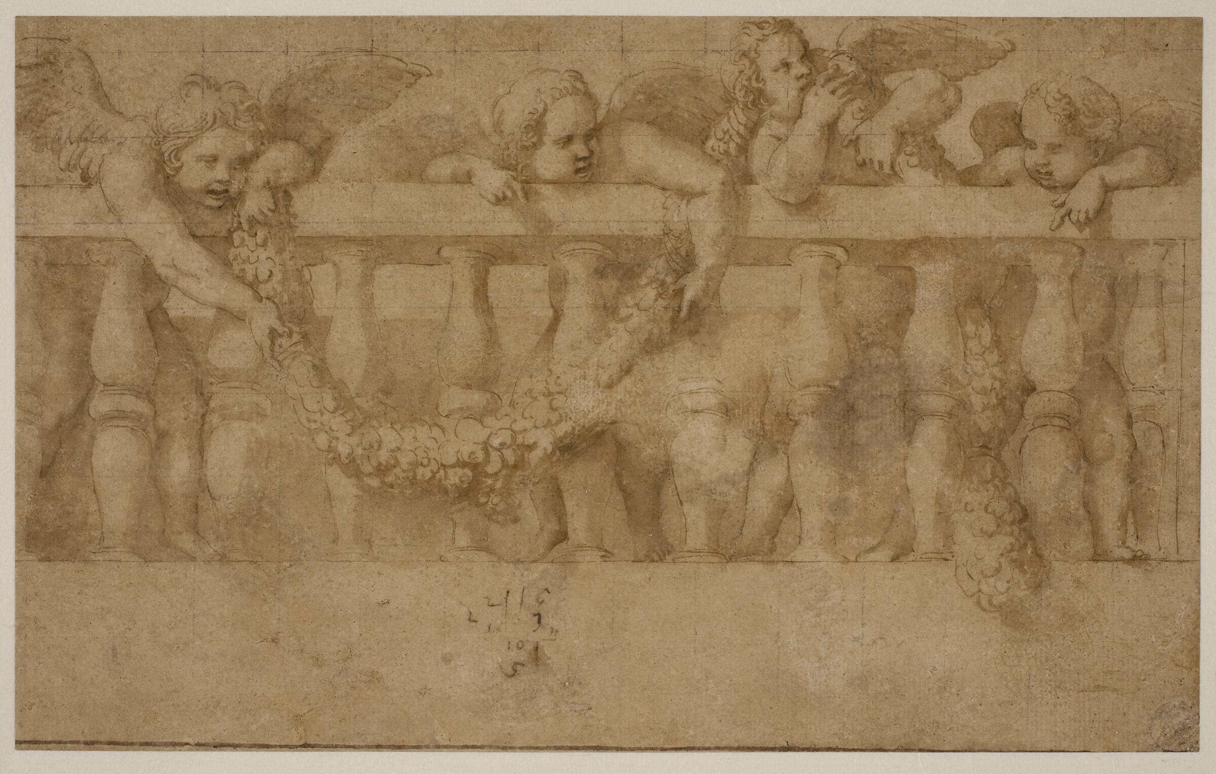 Fire bevingede putti hænger festoner på en balustrade, Giulio Romano, 1499-1546