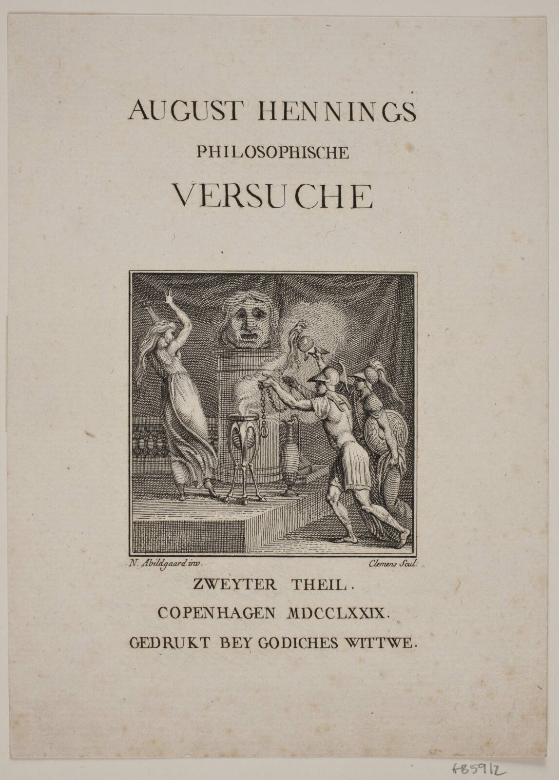 Titelblad med vignet forestillende to krigere, som bringer en hjelm frem mod et alter, by J.F. Clemens, 1779