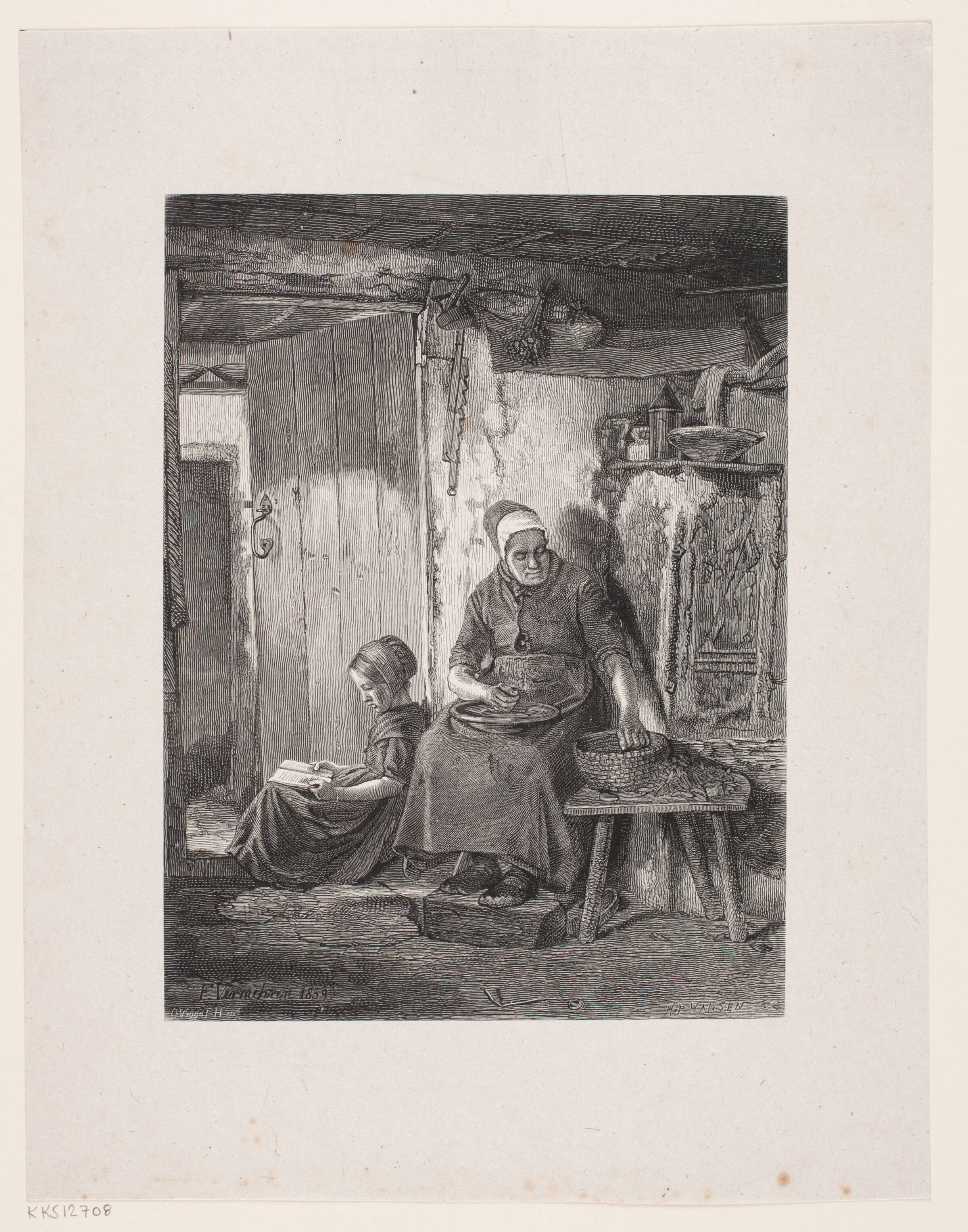 Huslig Syssel i en fattig Bondestue, H.P. Hansen, 1829-1899