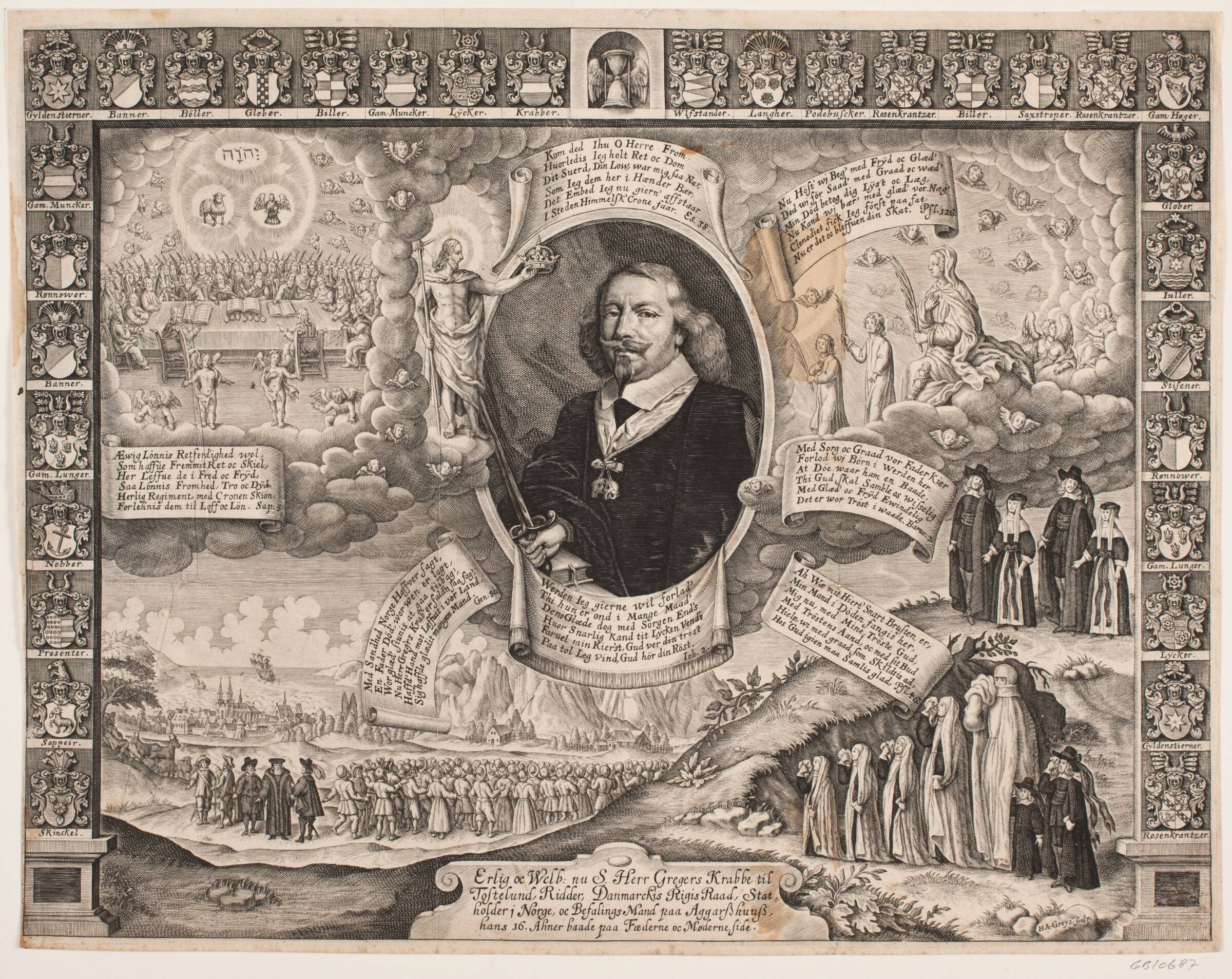 Gregers Krabbe til Torstedlund omgivet af allegoriske fremstillinger og aneskjolde, Hans Andreas Greys, 1655-1657