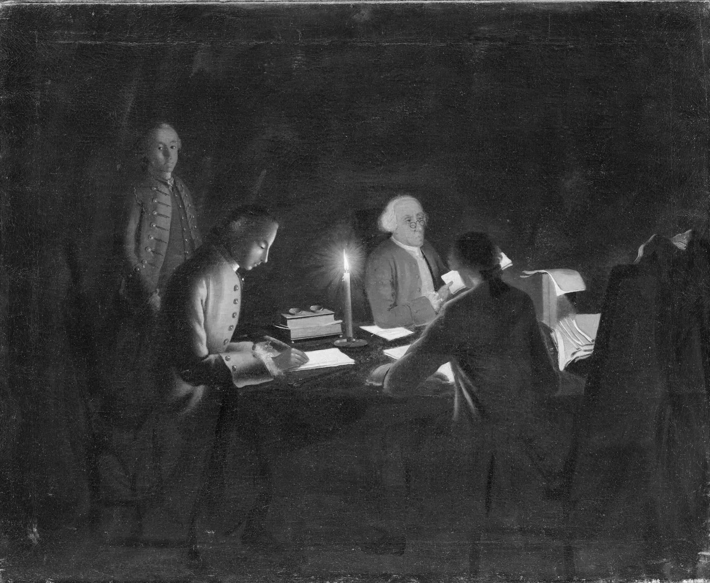Interiør med en regnskabsfører og nogle skrivere ved stearinlys, Johan Hörner, 1750-1755