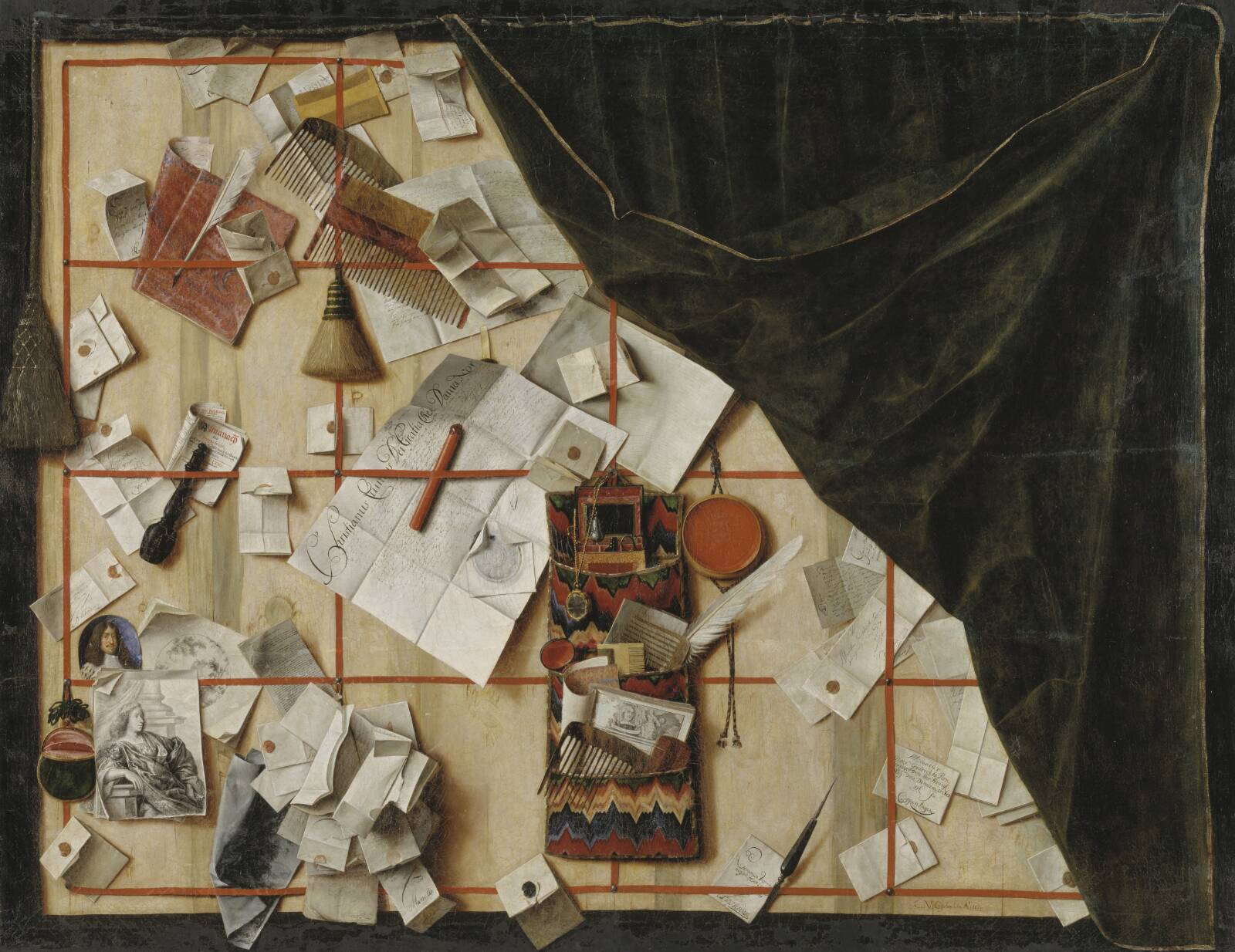 Trompe l'oeil of a Letter Rack with Christian V's Proclamation, by Cornelius Norbertus Gijsbrechts, 1671