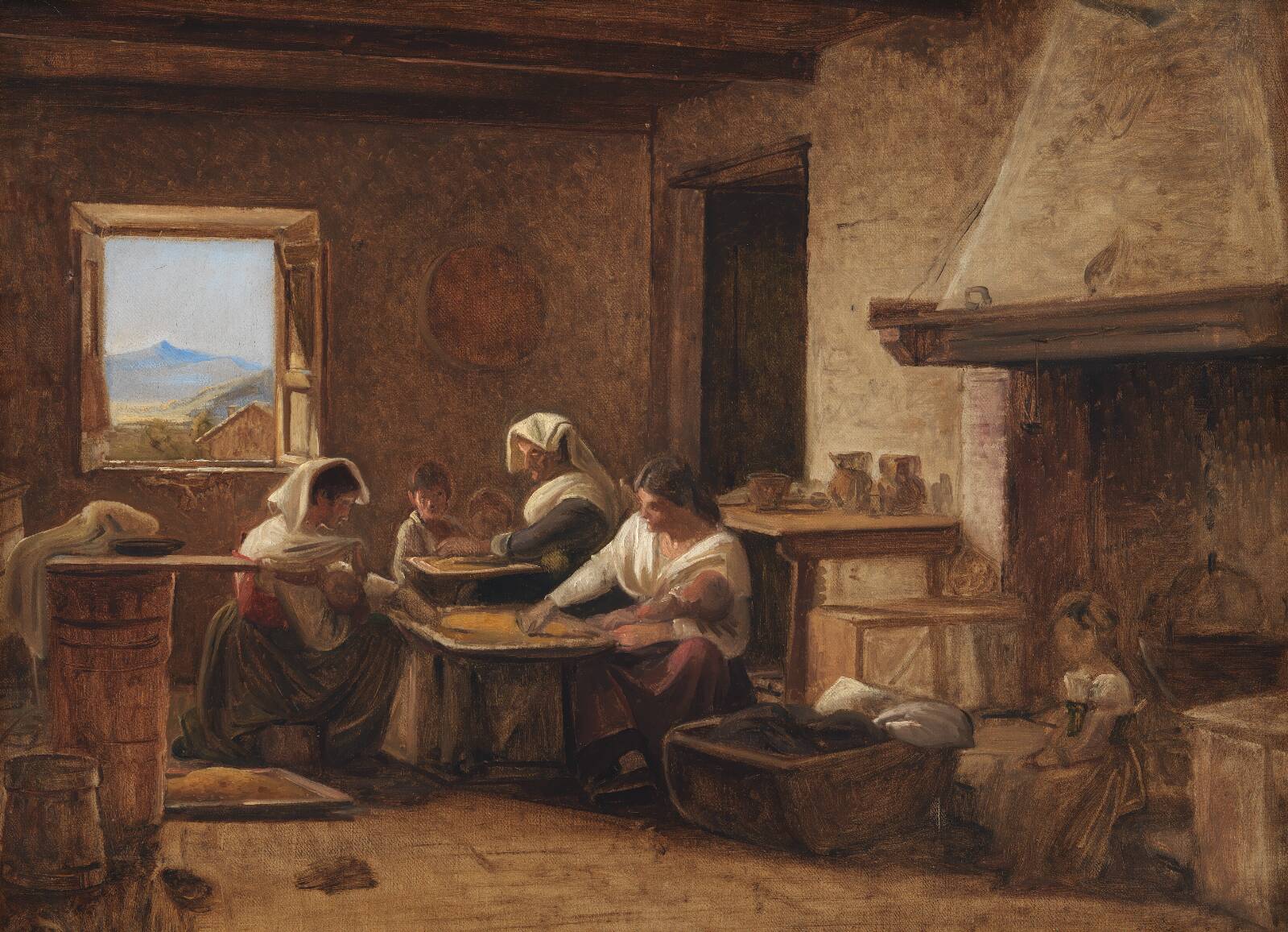 Women Working in the Kitchen of a Farmhouse near Olevano, Italy, by Wilhelm Marstrand, 1845-1848