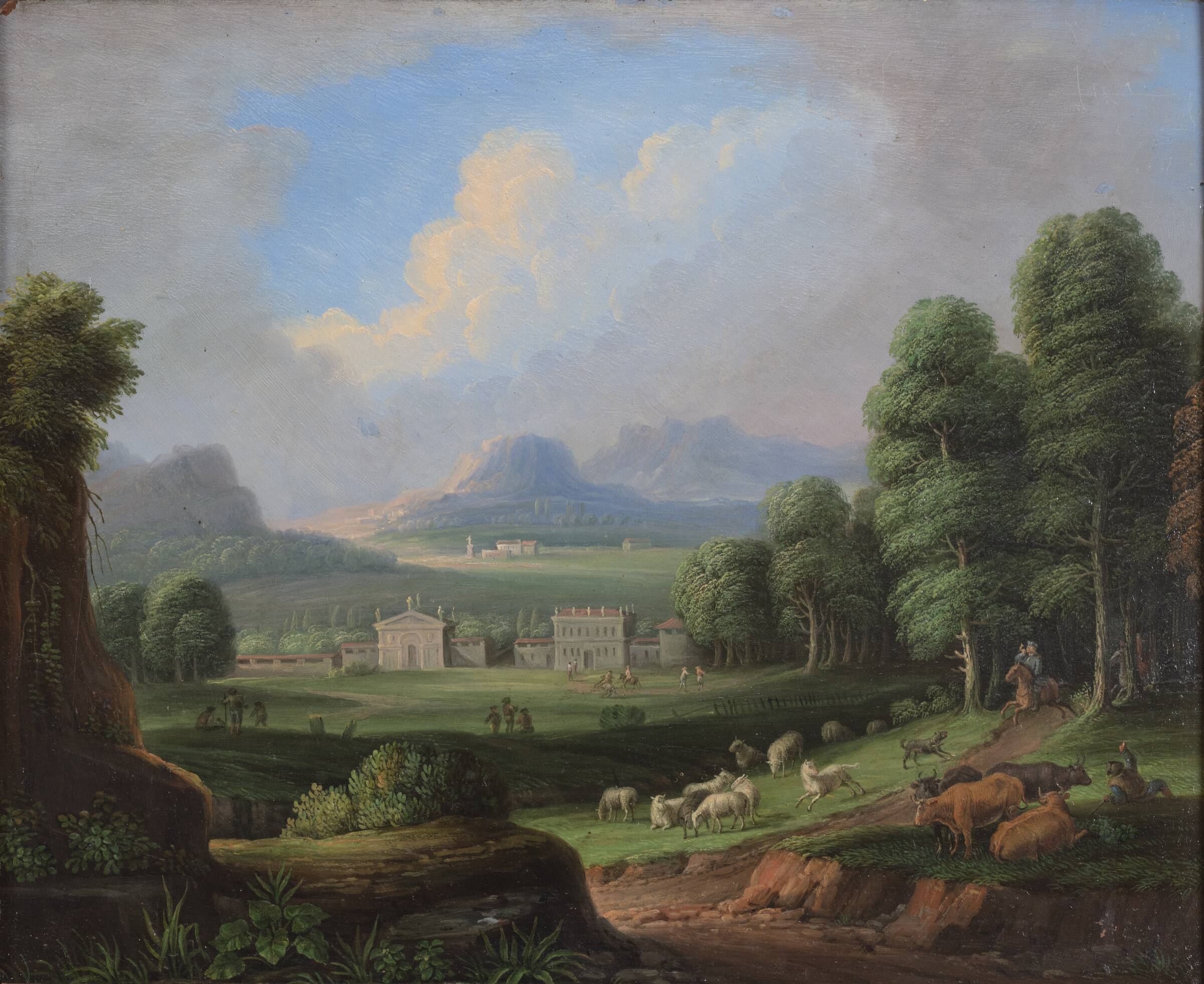 Et landskab med villaer i mellemgrunden og bjerge i baggrunden, Dismar Degen, 1741