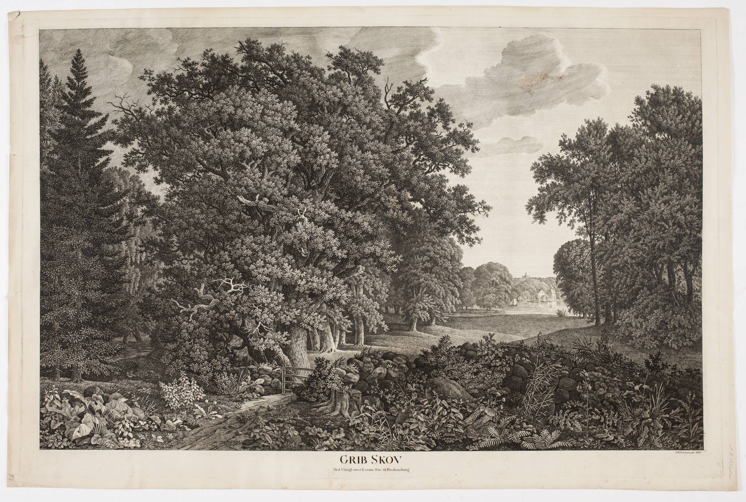 Grib Skov med udsigt over Esrum Sø til Fredensborg, Søren Henrik Petersen, 1820