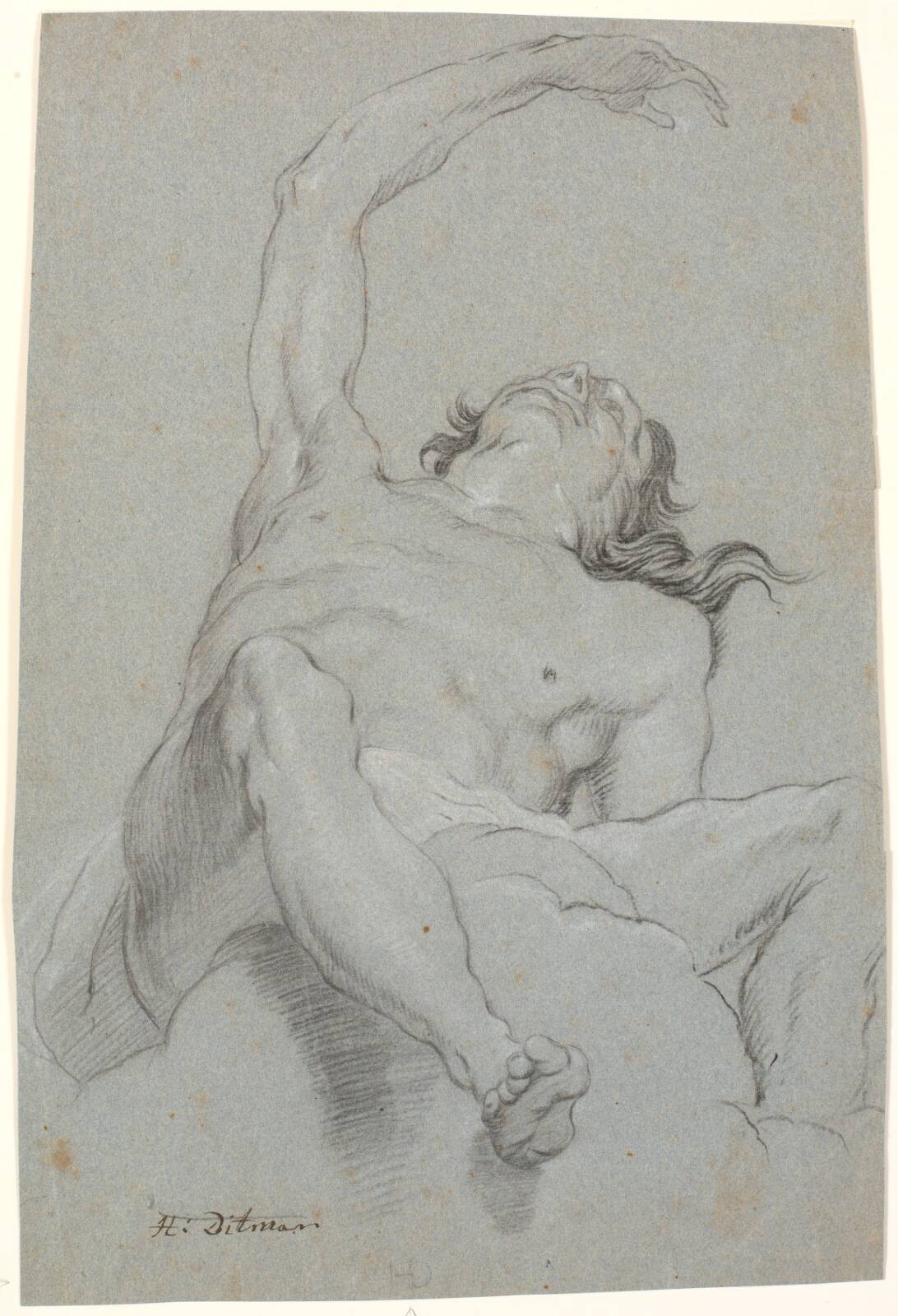 Nøgen mand, set "de sotto in su". Studie til figur i loftsmaleri, by Heinrich Dittmers, 1625-1677