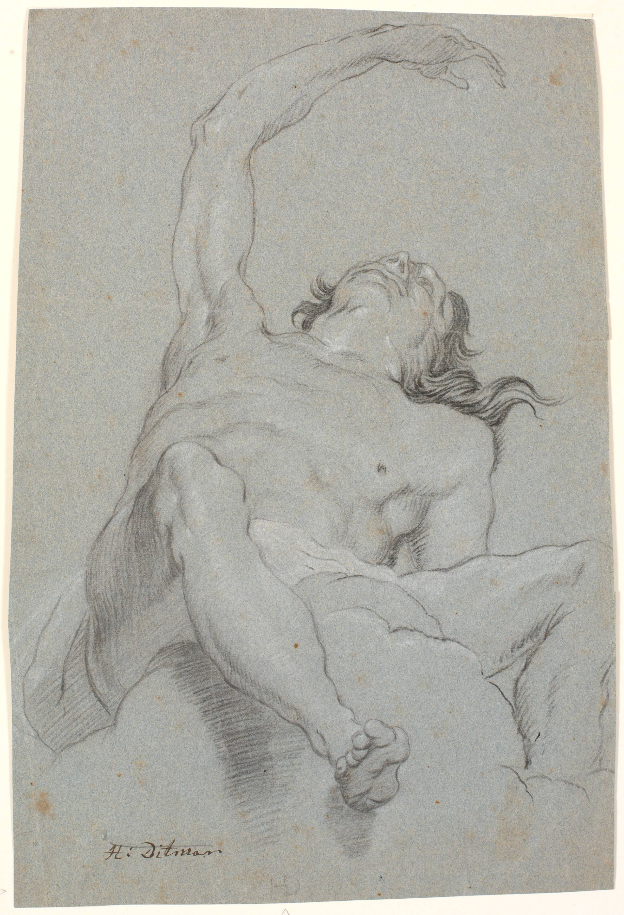 Nøgen mand, set "de sotto in su". Studie til figur i loftsmaleri, Heinrich Dittmers, 1625-1677