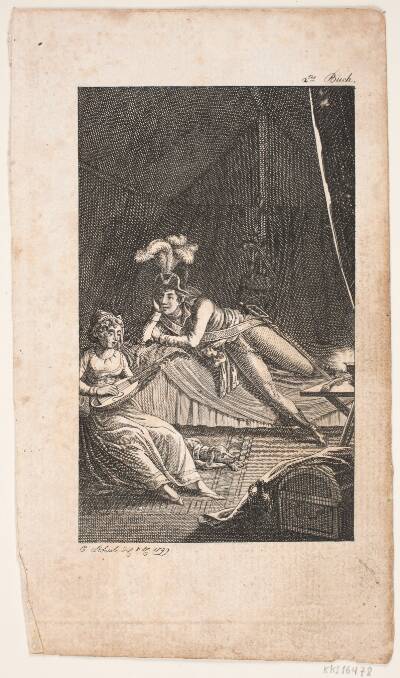 Illustration med en dame der spiller lut for en herre i et telt