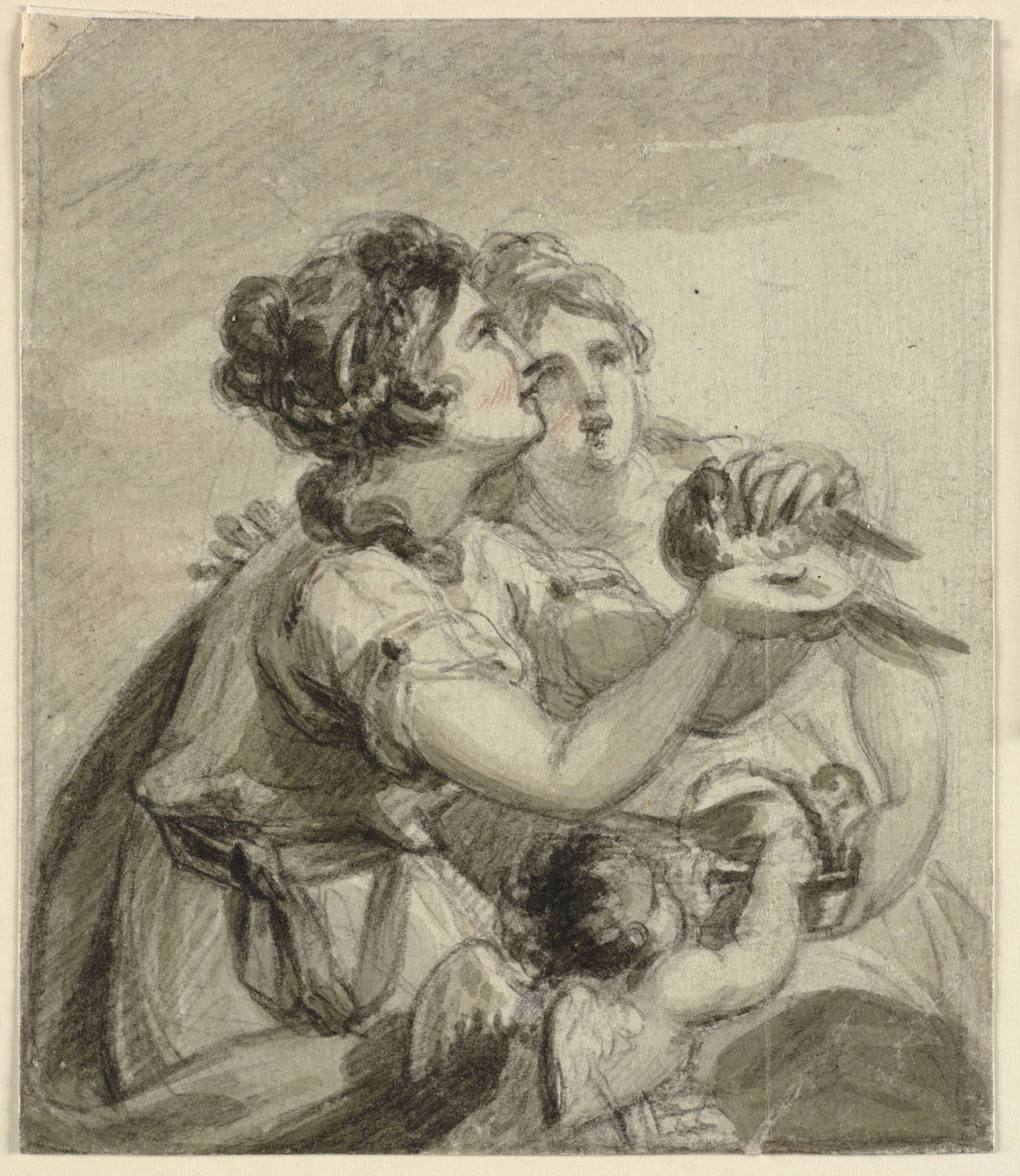 To kvinder og en amorin med duer i hænderne, Samuel Shelley, 1750-1808