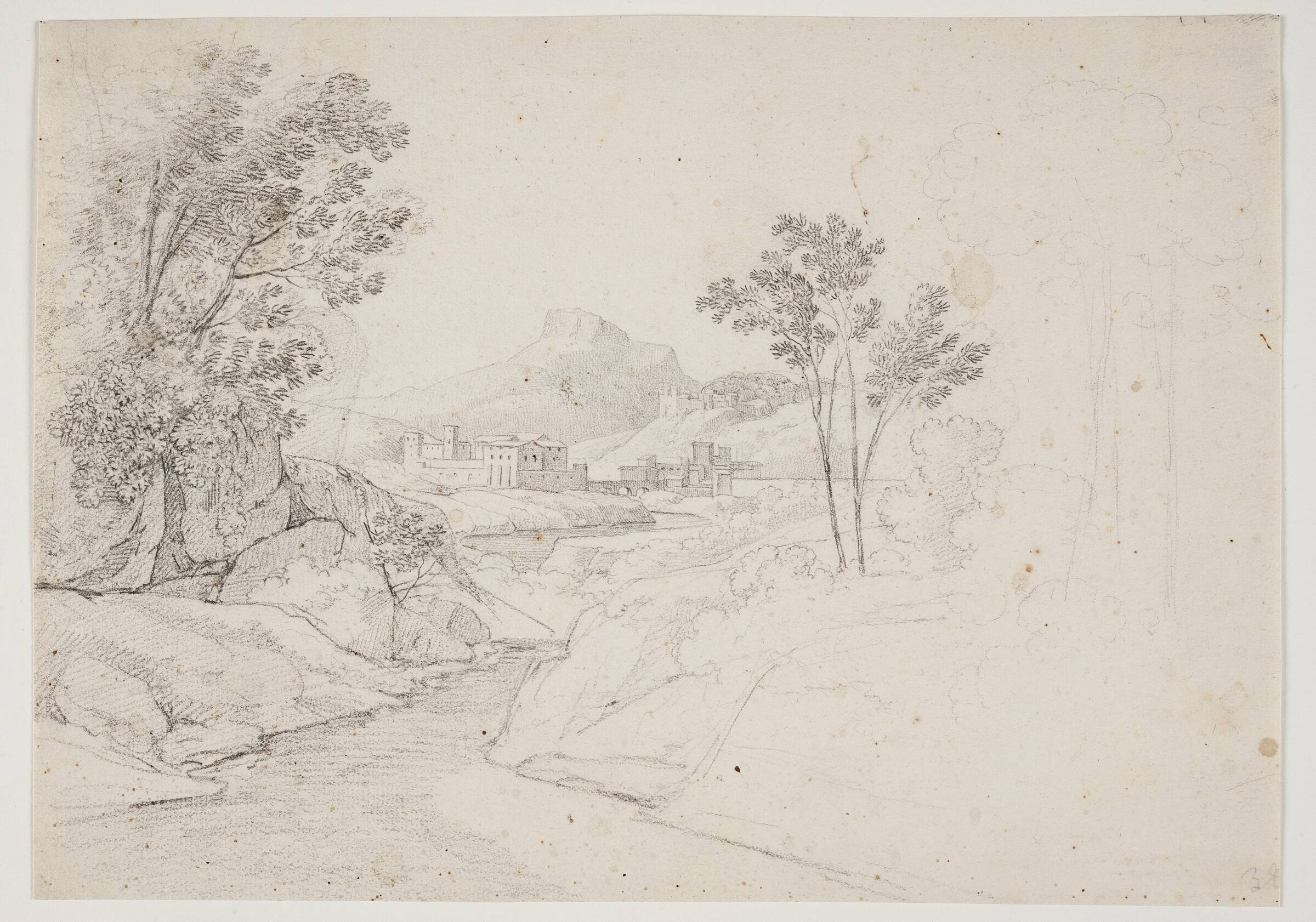 Landsskabsstudie med bygninger ved vandløb. Italien, J.L. Lund, 1801-1819