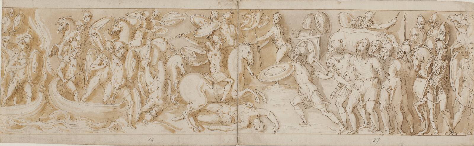 Roman soldiers crossing a river in boats (largely restoration; XXXIV)2; a fighting Roman soldier (from the end of XXIV); Roman guards bringing barbarian prisoners before the emperor (omitted in the drawing; end of XXV); beginning of a…, by Giovanni Guerra, 1544-1618