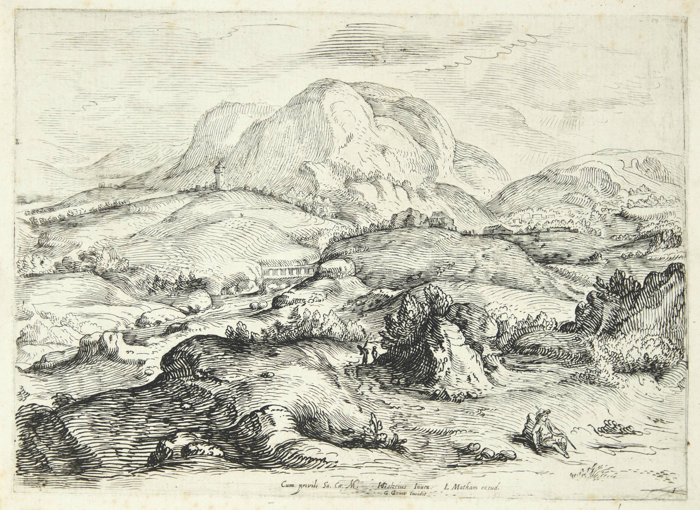 Bjerglandskab med siddende mand, Gerrit Adriaensz Gauw, 1601-1604