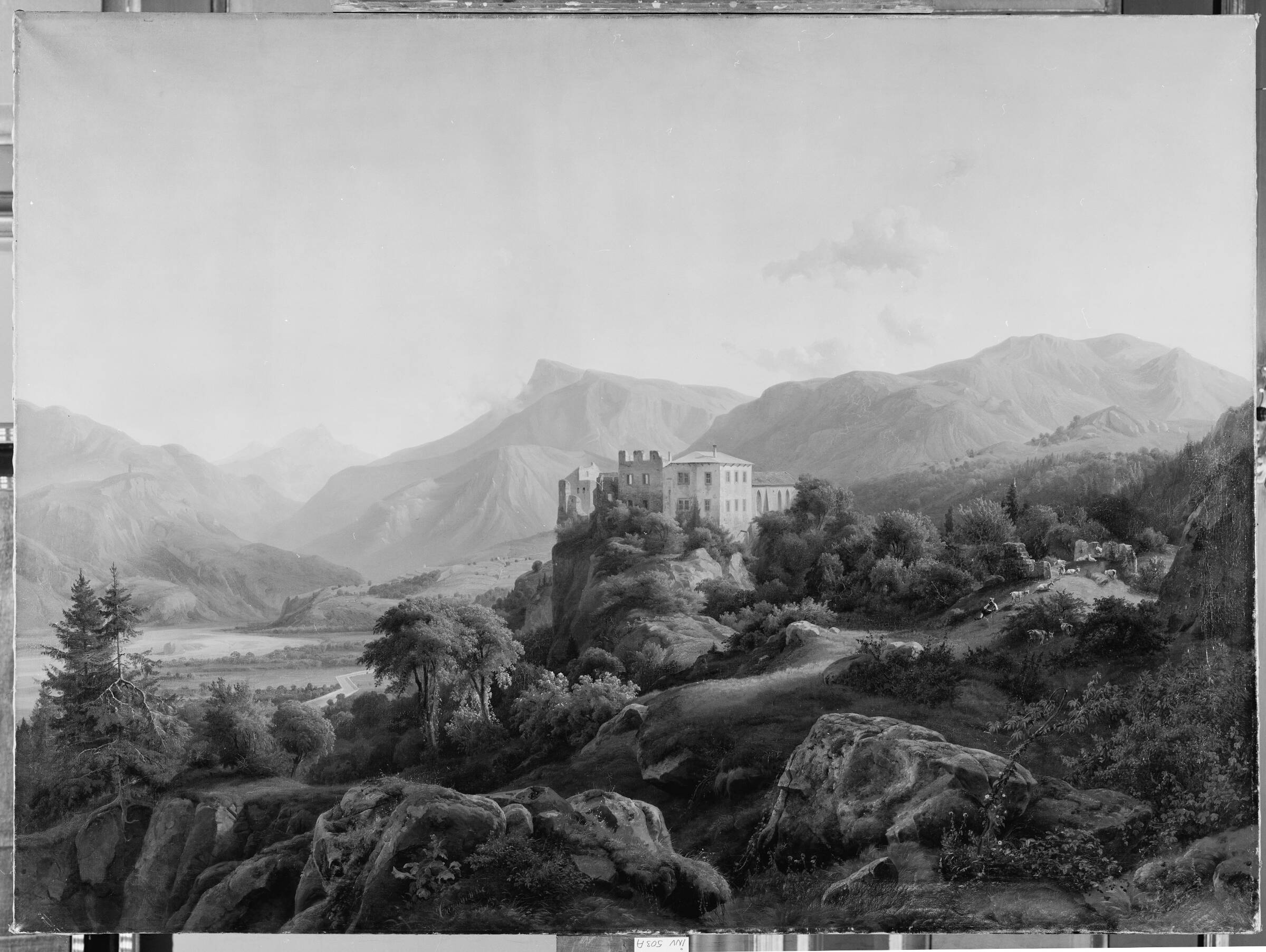 Etschdalen ved Bozen med ruinerne af Hasselberg, Hermann Carmiencke, 1845