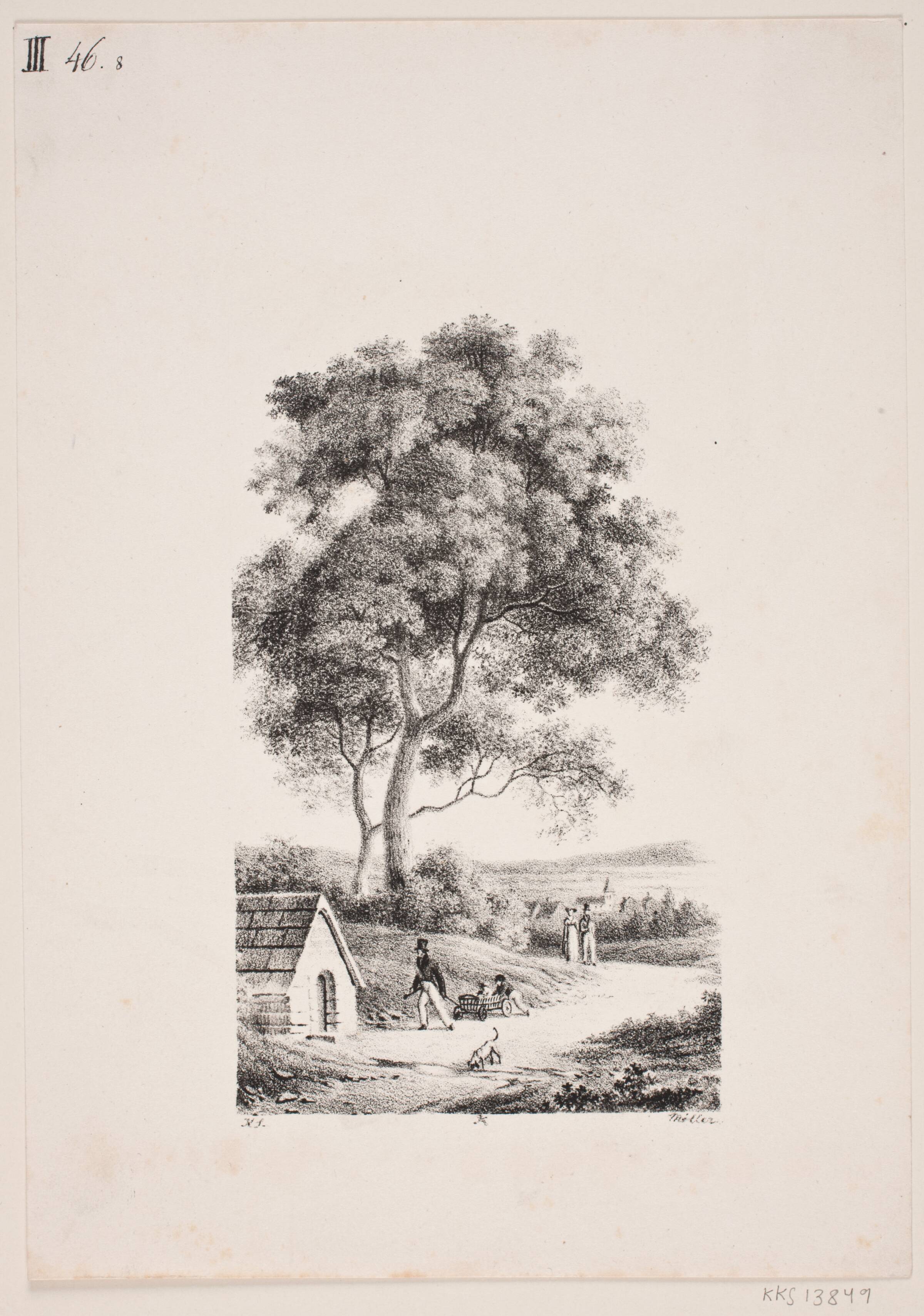 Spadserende på en vej, til venstre høje træer, J.F. Møller, 1797-1871