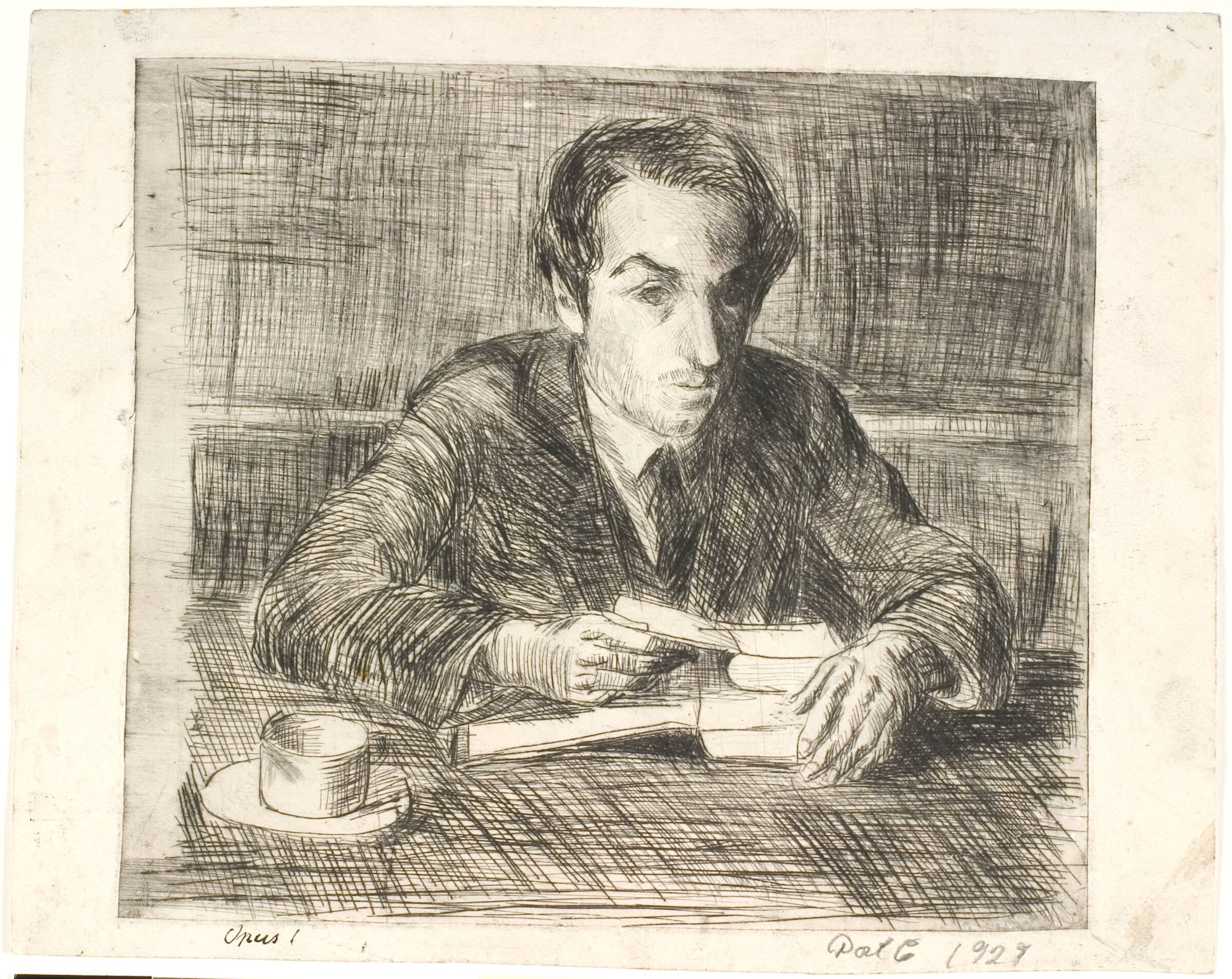 Portræt af stud. med. Kruse siddende ved et bord, Povl Christensen, 1929