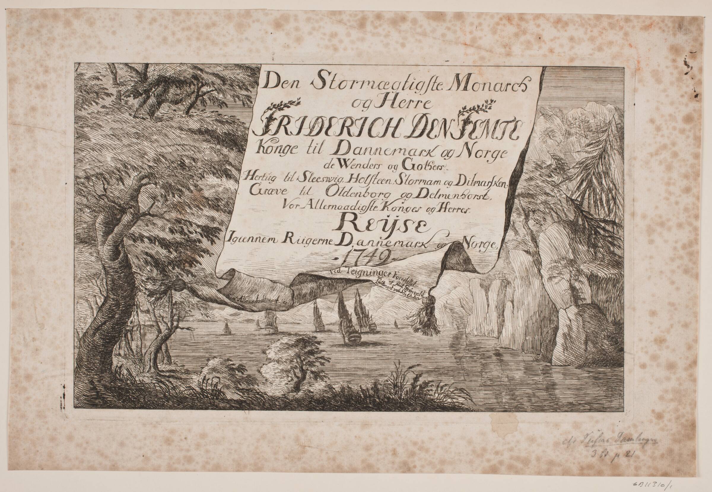 Titelblad til Kong Frederik V's rejse gennem Danmark og Norge 1749, Poul Isac Grønvold, 1749