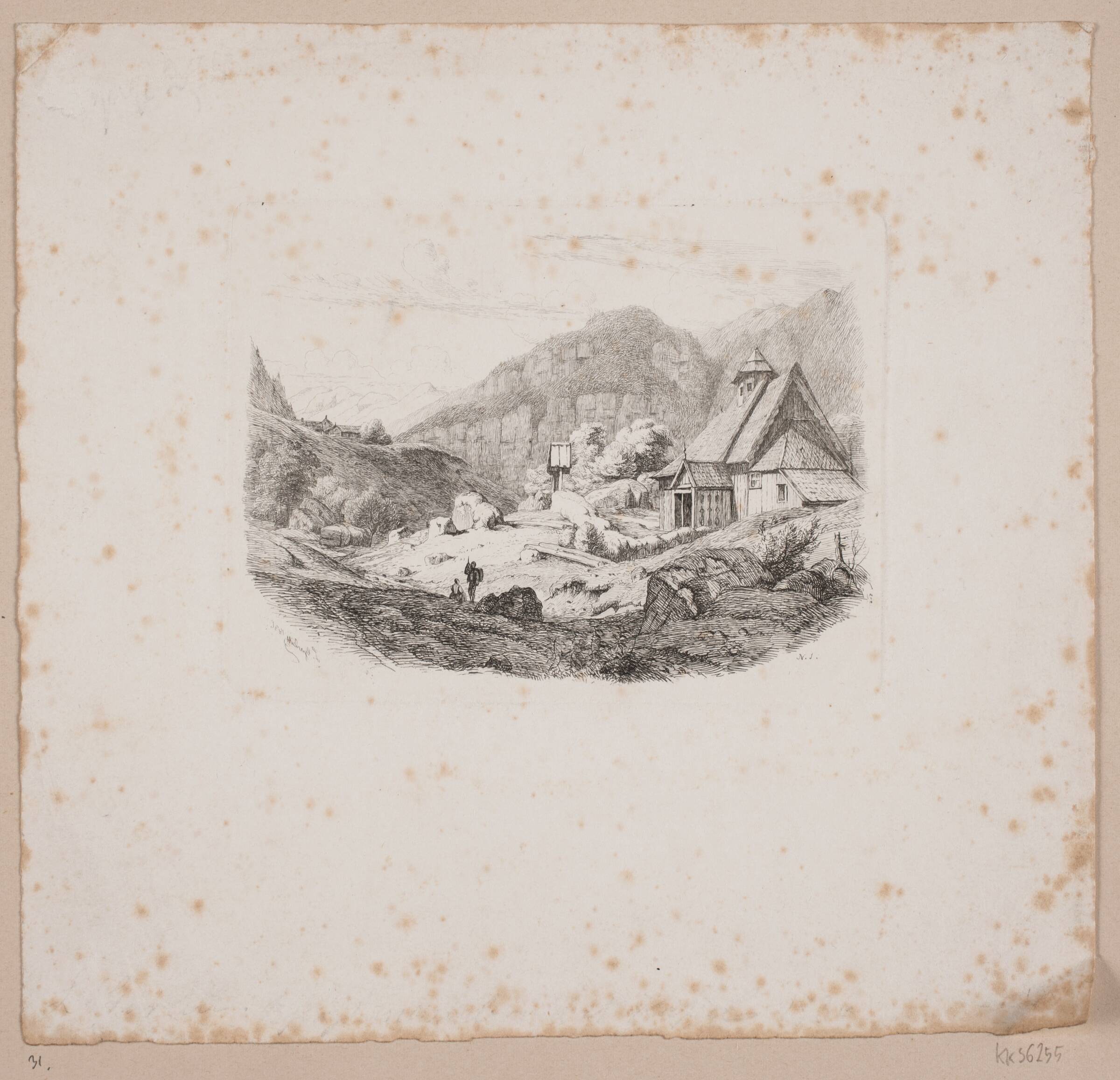 Landskab med en trækirke, Louis Gurlitt, 1836