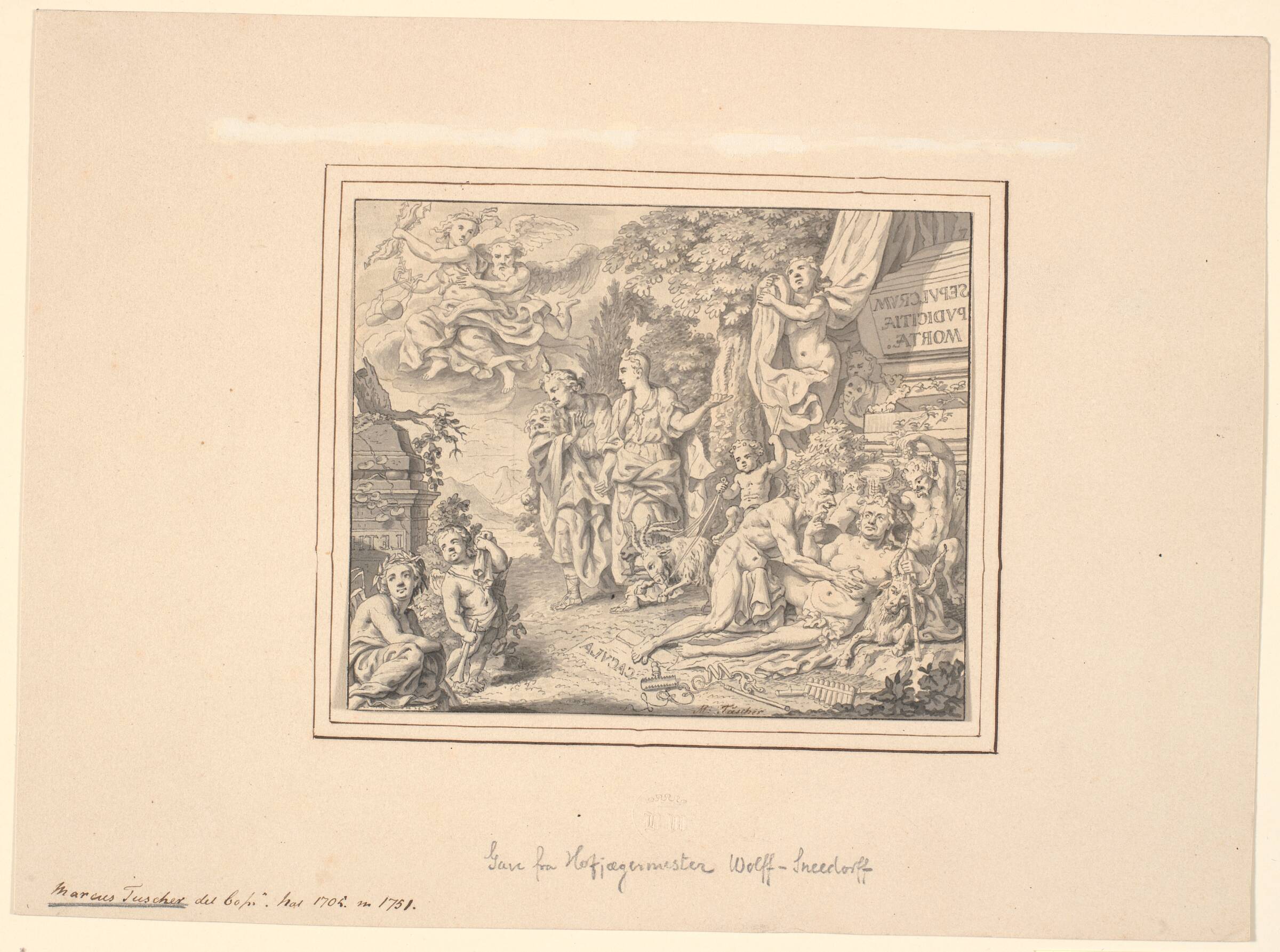 Allegorisk blad med den drukne Silen og andre mytologiske og allegoriske figurer ved en sarkofag med indskriften: "Sepulcrum pudicitiae mortae", Marcus Tuscher, 1720-1751