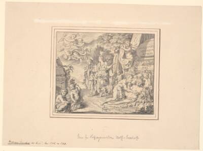 Allegorisk blad med den drukne Silen og andre mytologiske og allegoriske figurer ved en sarkofag med indskriften: "Sepulcrum pudicitiae mortae"