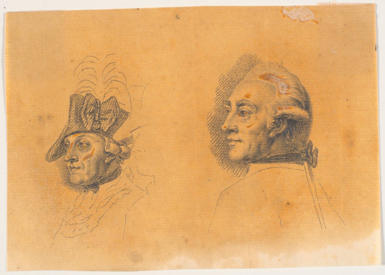 Forarbejde til to af hovederne til stikket: Frederik d. Store rider hjem efter en revy ved Potsdam, by J.F. Clemens, 1788