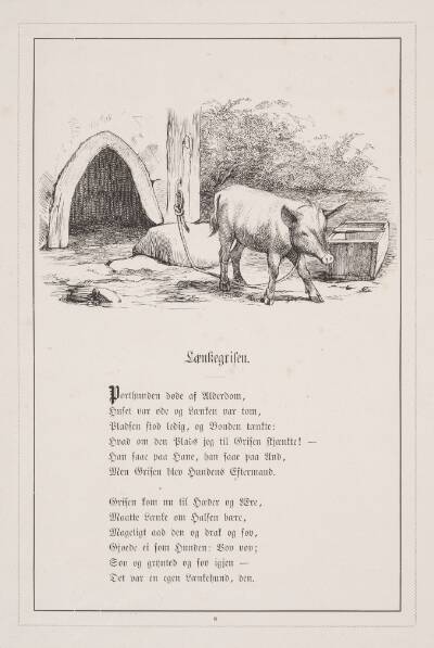 Lænkegrisen. Illustration til H.V. Kaalund, "Fabler for Børn"