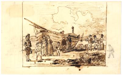 Italiensk strandscene med fiskere og båd