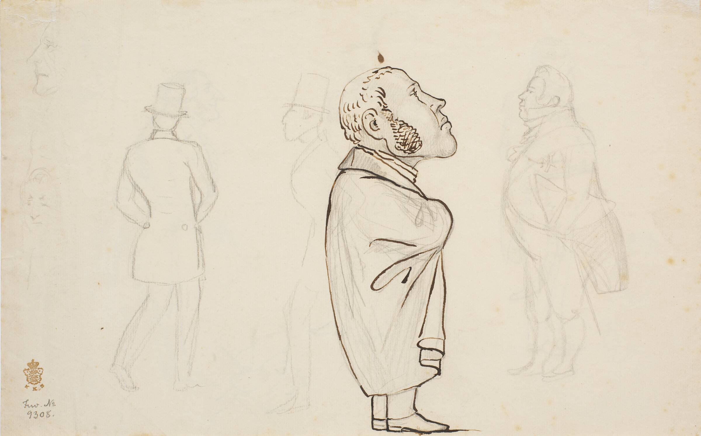 Forskellige figurer bl.a. karikatur af en advokat., P.C. Skovgaard, 1840-1849