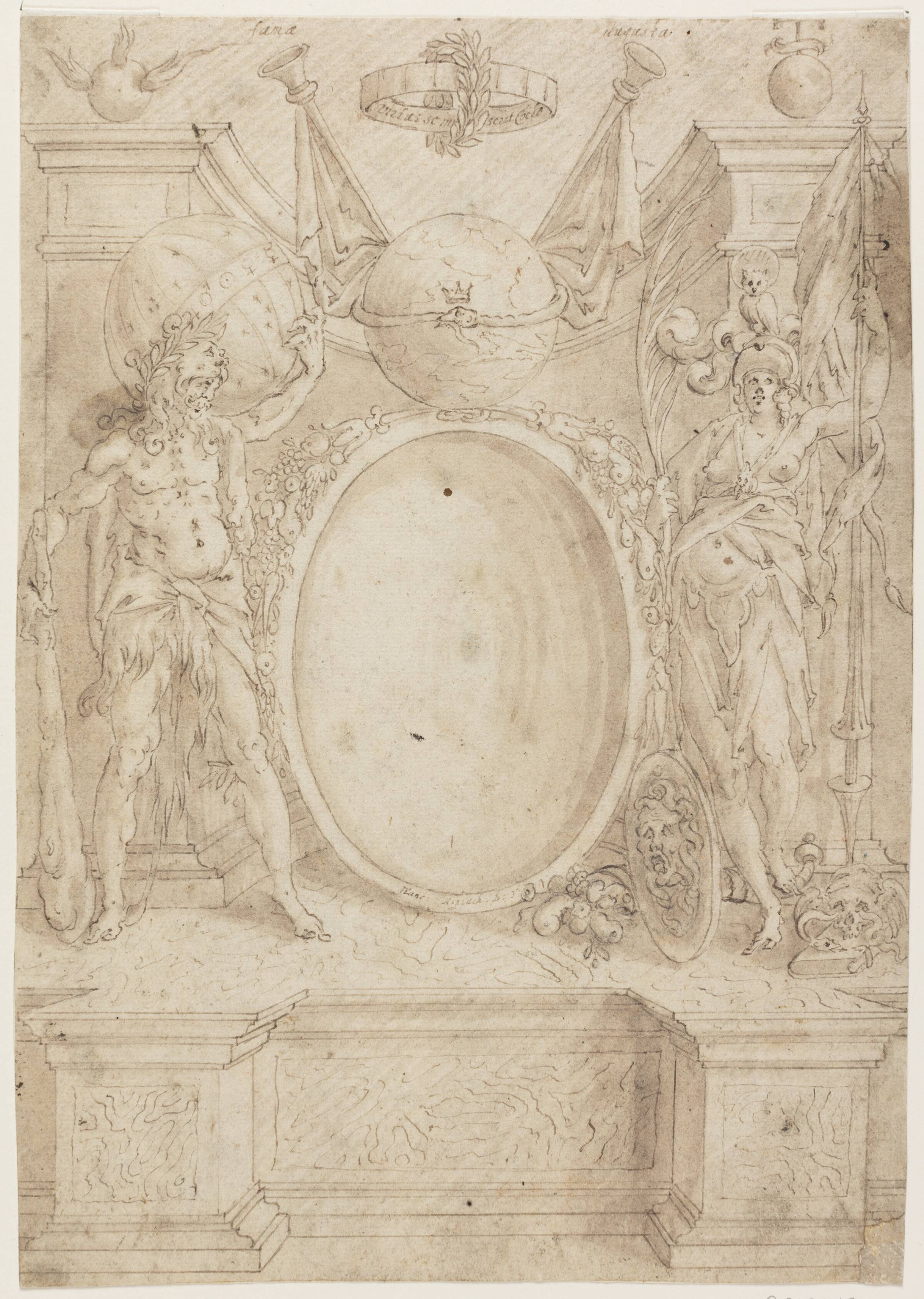 Udkast til våbenskjold med allegoriske figurer? Herkules t.v., Athena t.h., Franz Aspruck, 1575-1604
